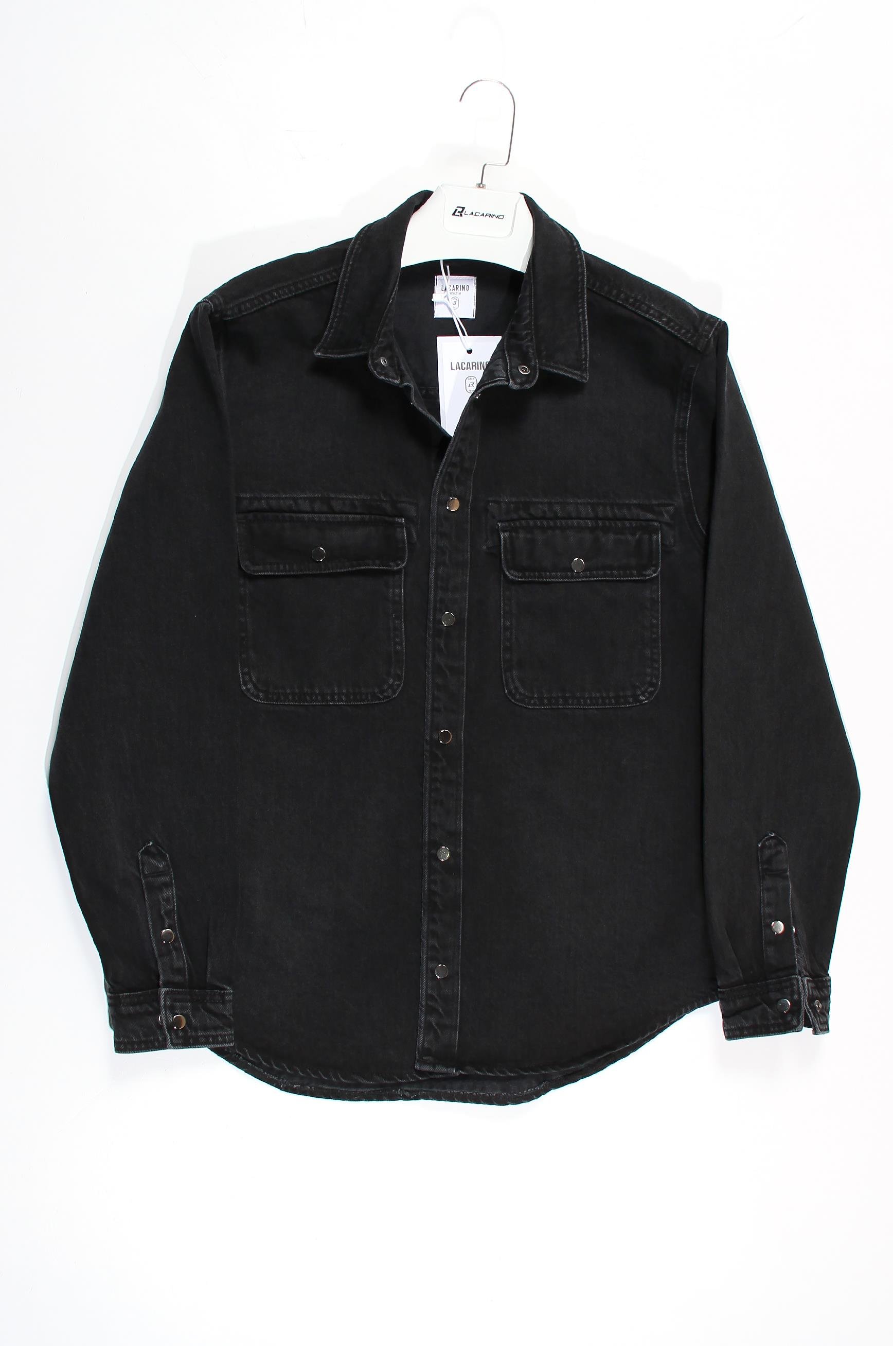 LACARINOBlack Denim Shirt with Flap Pocket Detail