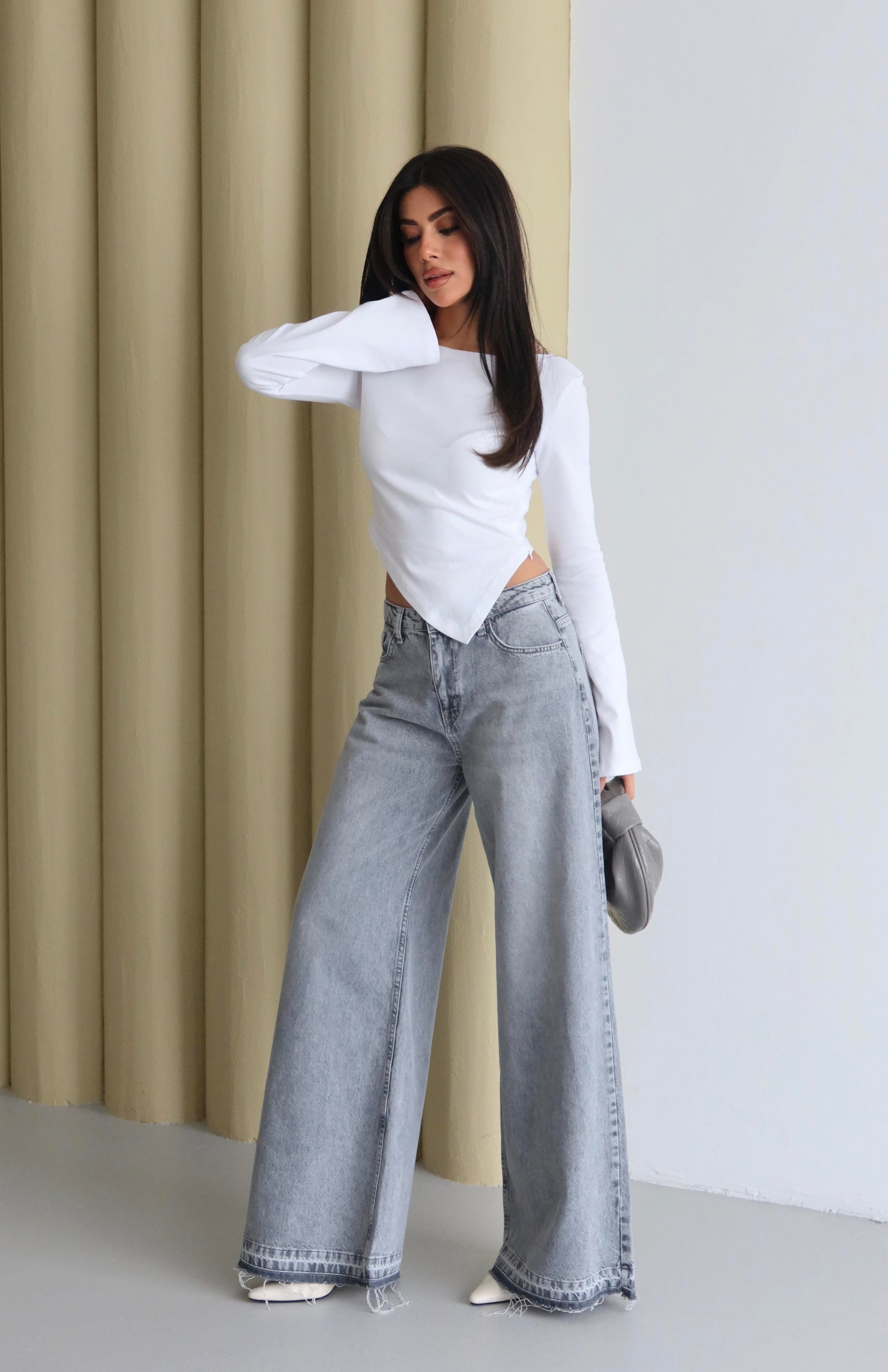 LACARINOYüksek Bel Extra Bol Paça Gri Jean Panolon