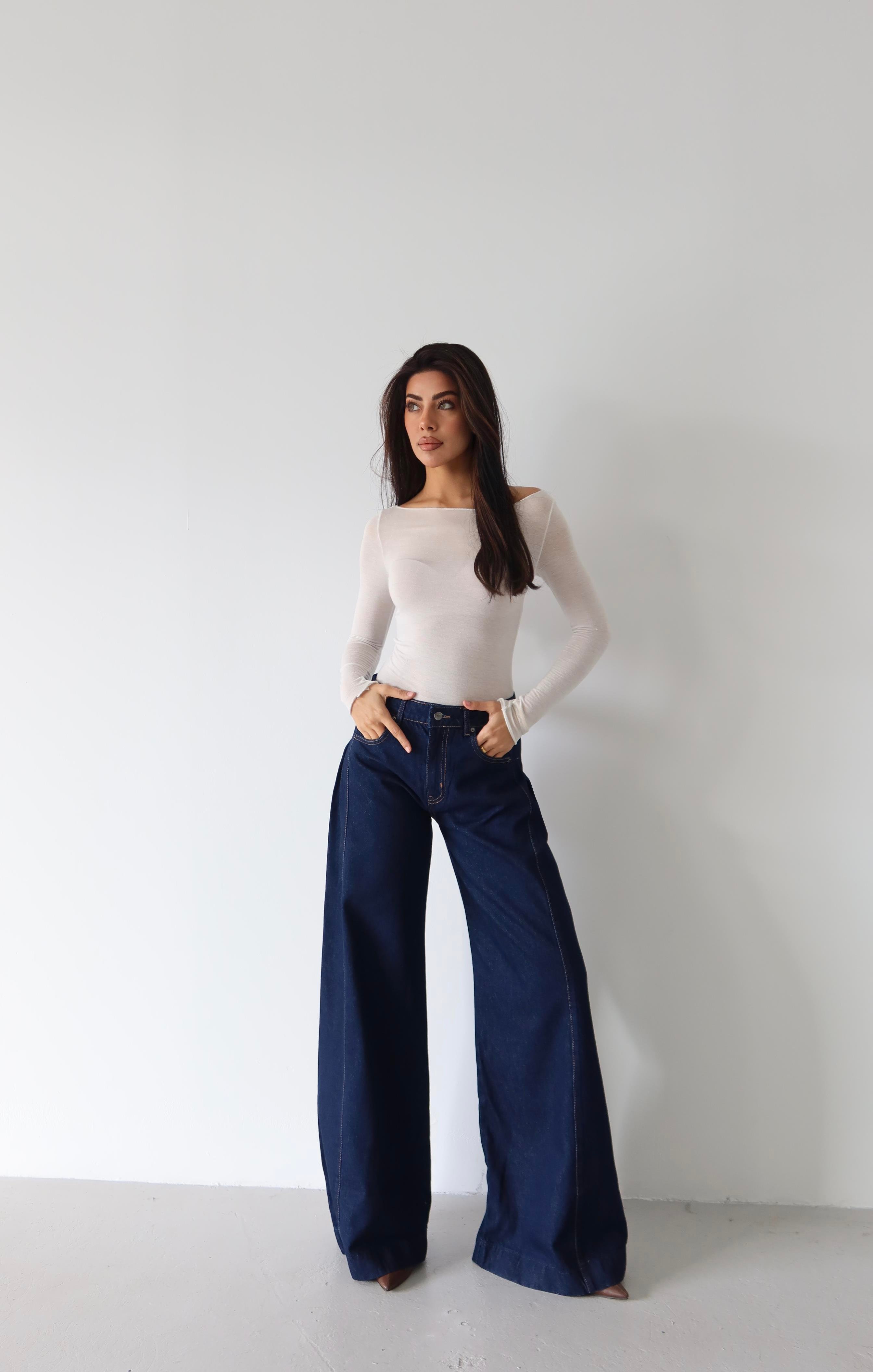 LACARINOYüksek Bel Yandan Pile Detaylı Extra Bol Kesim Rinse Jean Pantolon