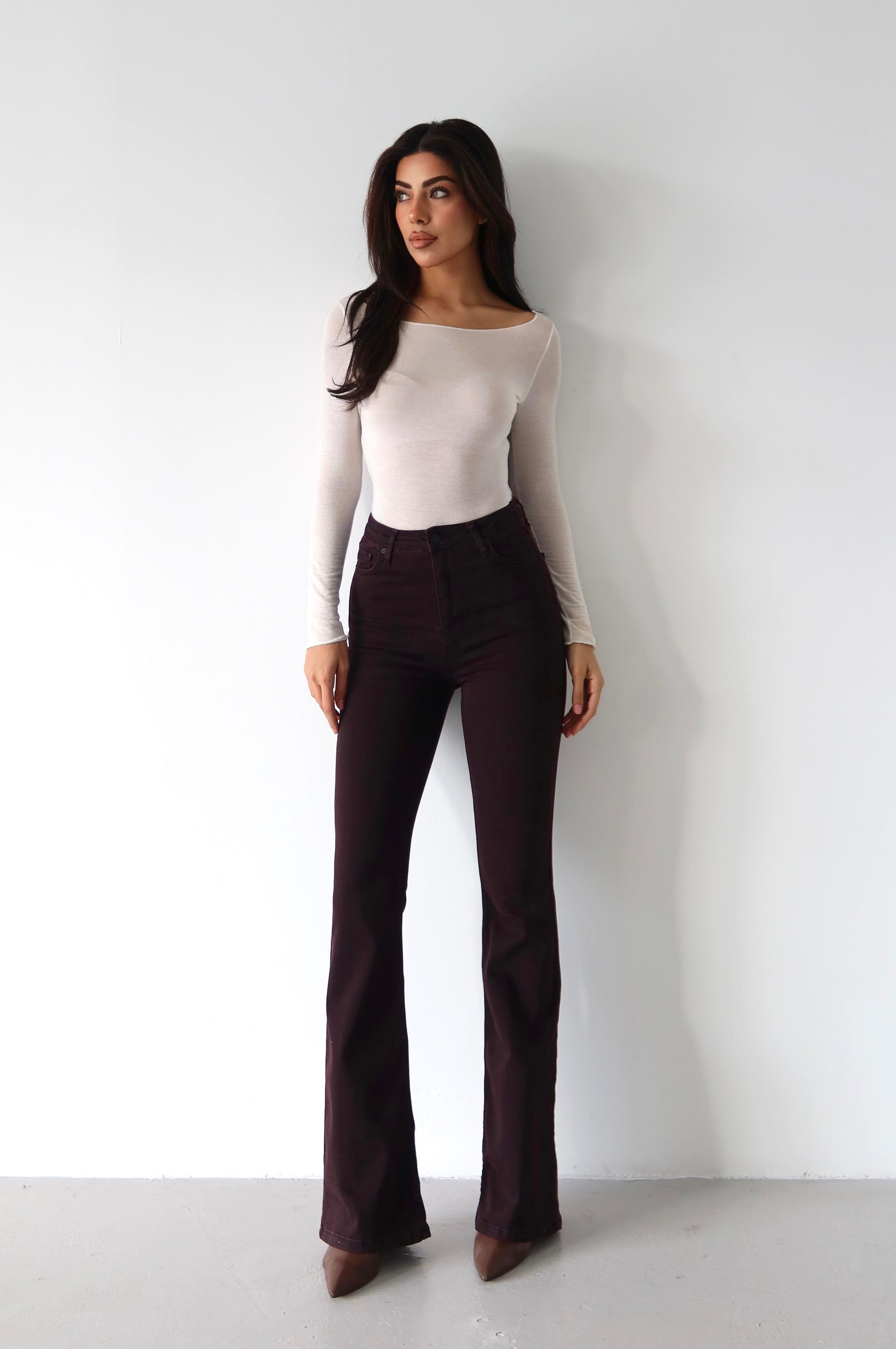 LACARINOYüksek Bel Dar Kalıp İspanyol Paça Bordo Jean Pantolon