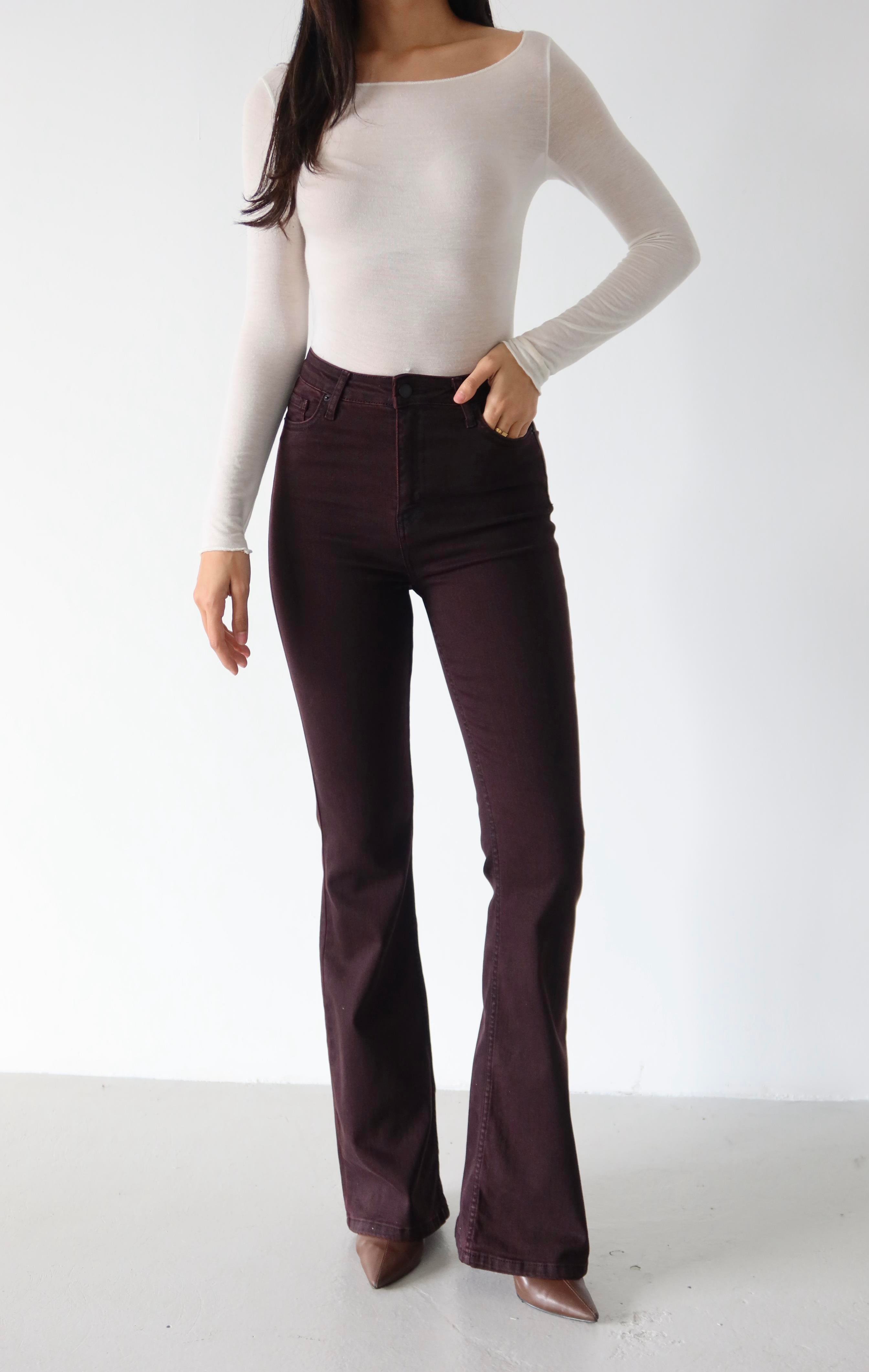 LACARINOYüksek Bel Dar Kalıp İspanyol Paça Bordo Jean Pantolon