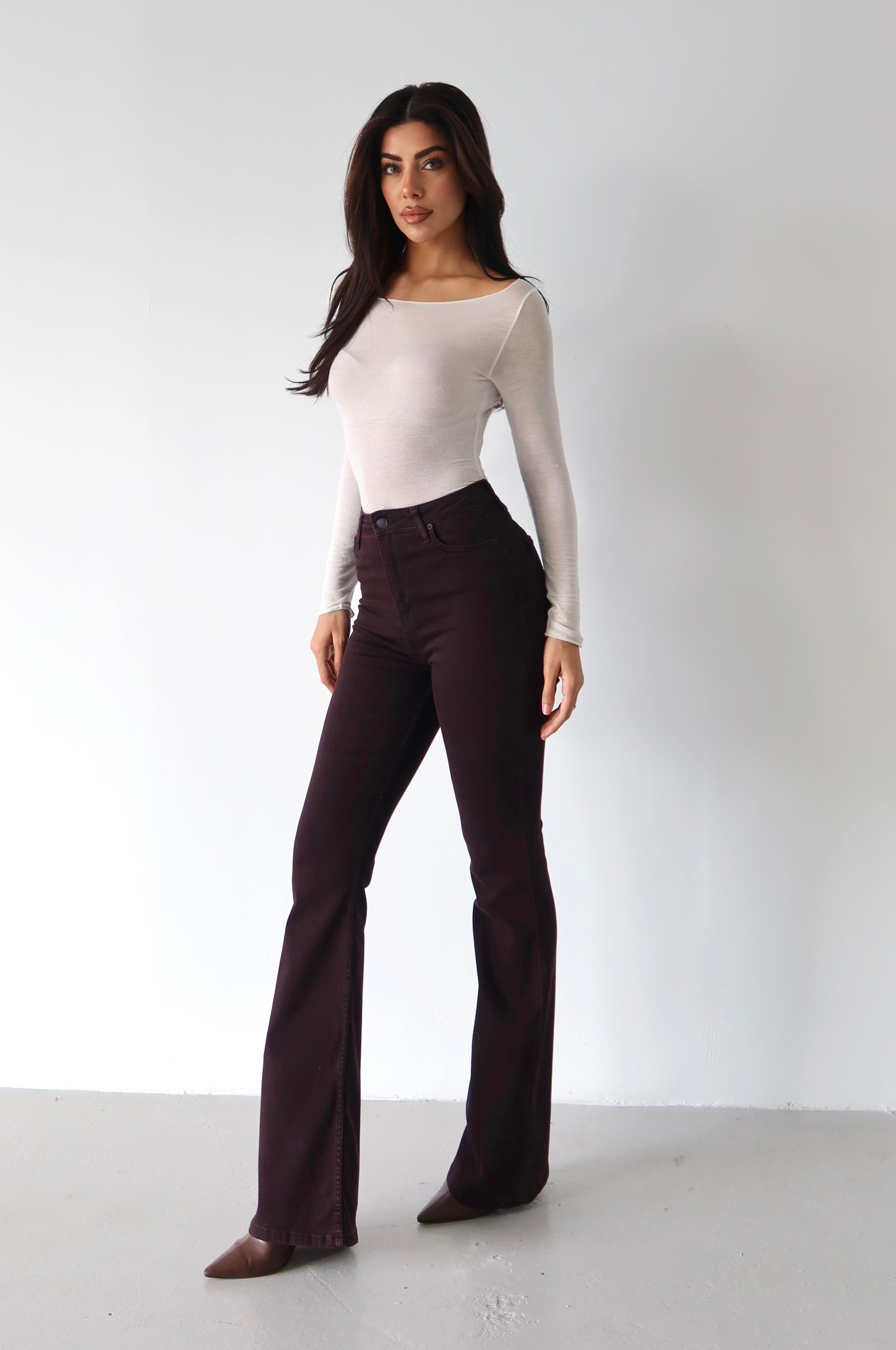 LACARINOYüksek Bel Dar Kalıp İspanyol Paça Bordo Jean Pantolon