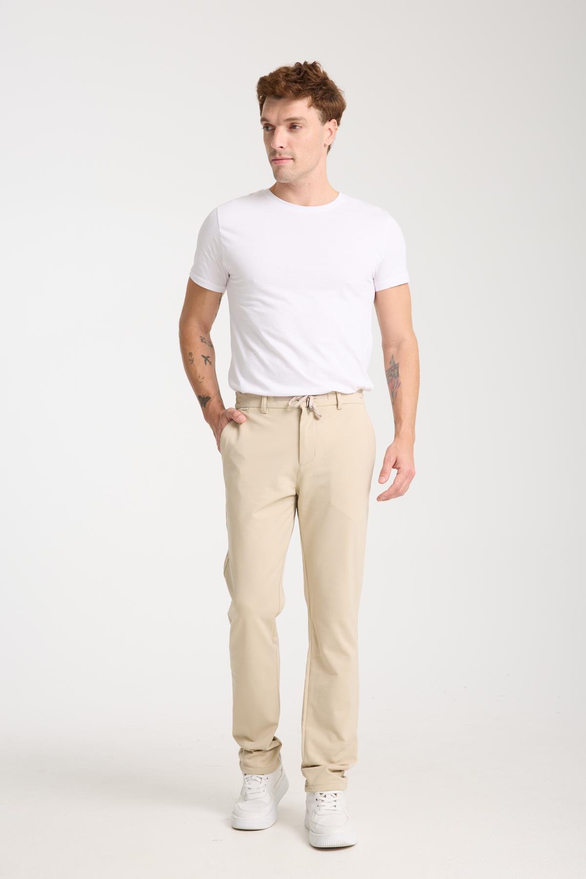 LACARINOErkek Yüksek Bel Dar Kesim Bej Jogger Pantolon