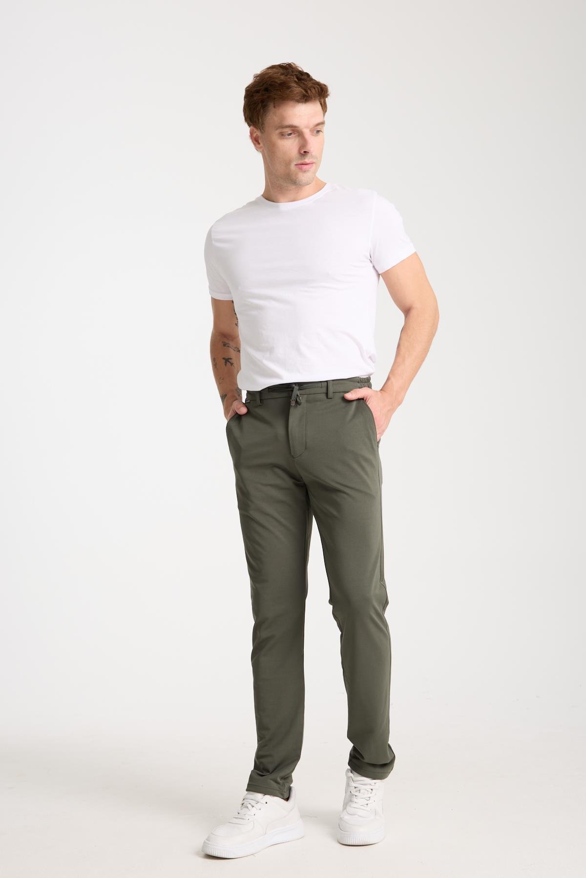 LACARINOErkek Yüksek Bel Dar Kesim Haki Jogger Pantolon