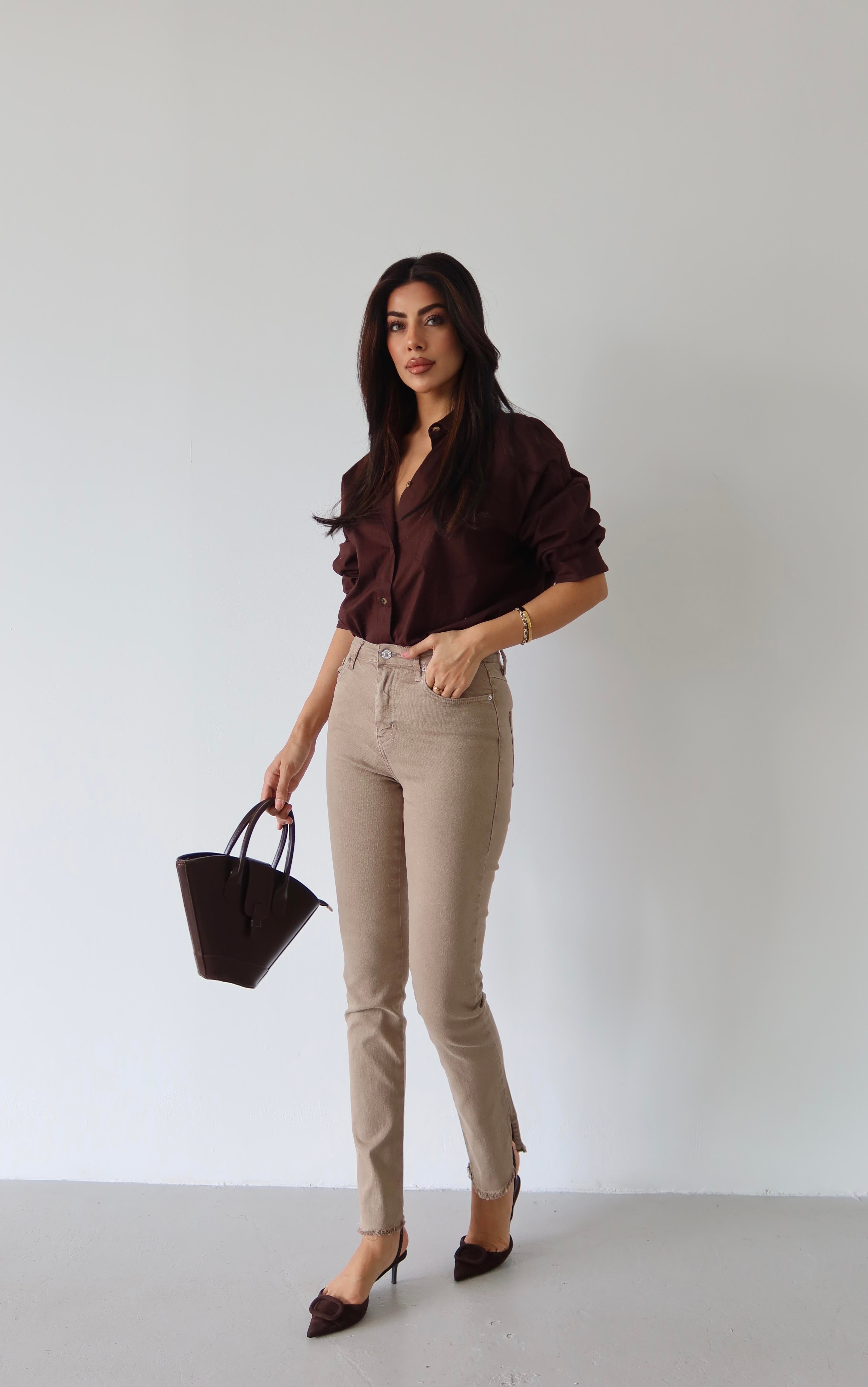 LACARINOYüksek Bel Paça Yırtmaç Detaylı Vizon Mia Jean Pantolon