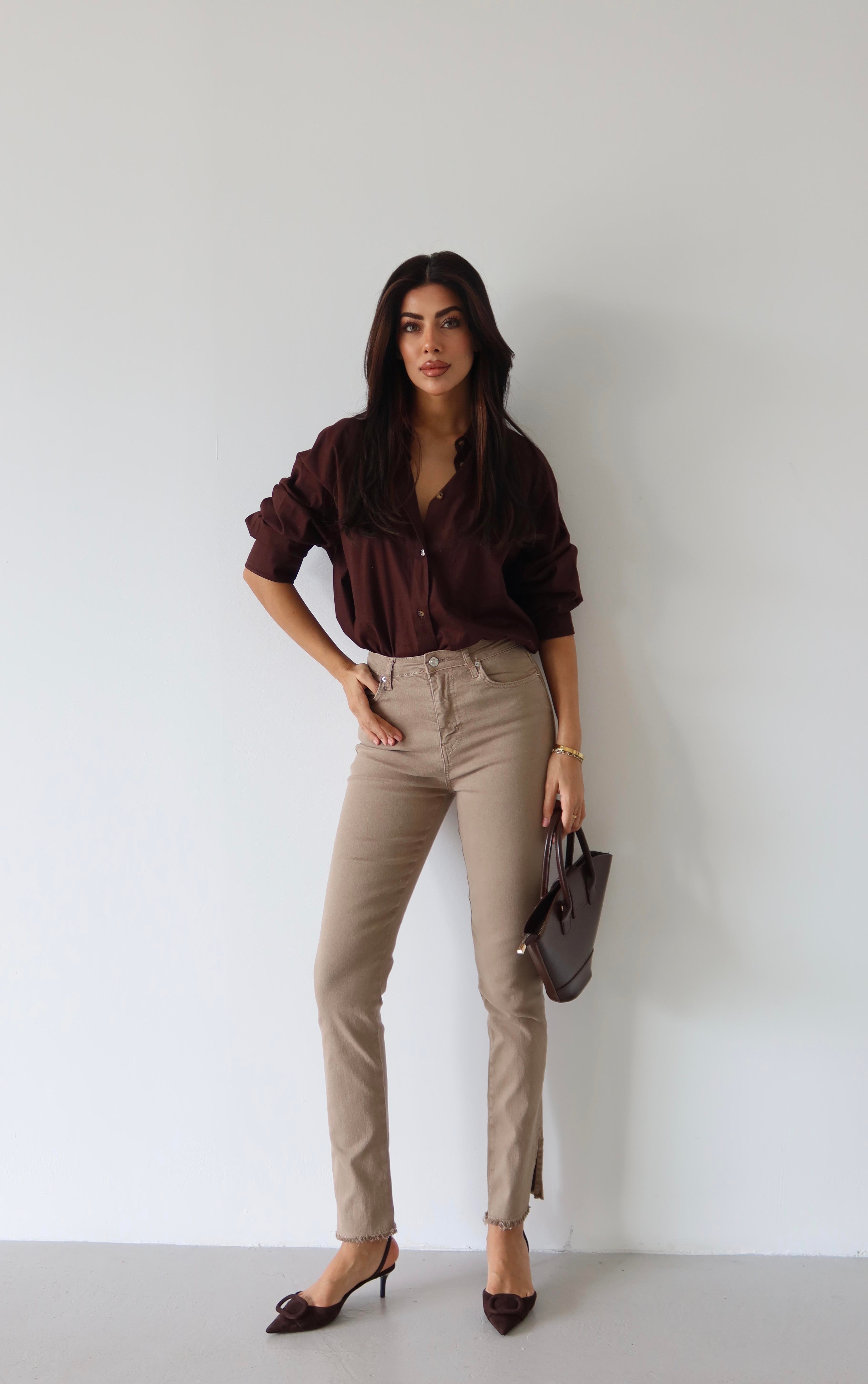 LACARINOYüksek Bel Paça Yırtmaç Detaylı Vizon Mia Jean Pantolon