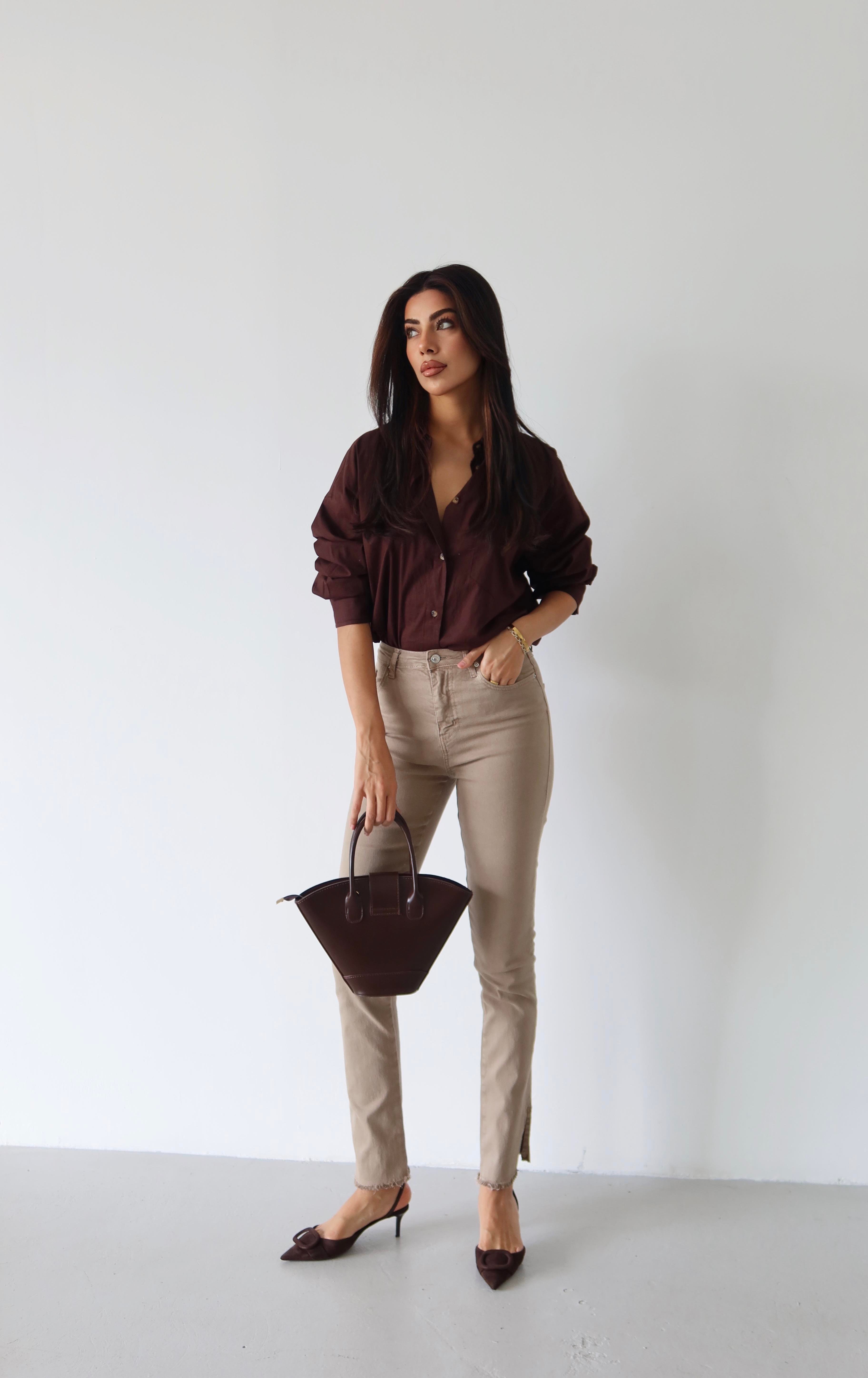 LACARINOYüksek Bel Paça Yırtmaç Detaylı Vizon Mia Jean Pantolon