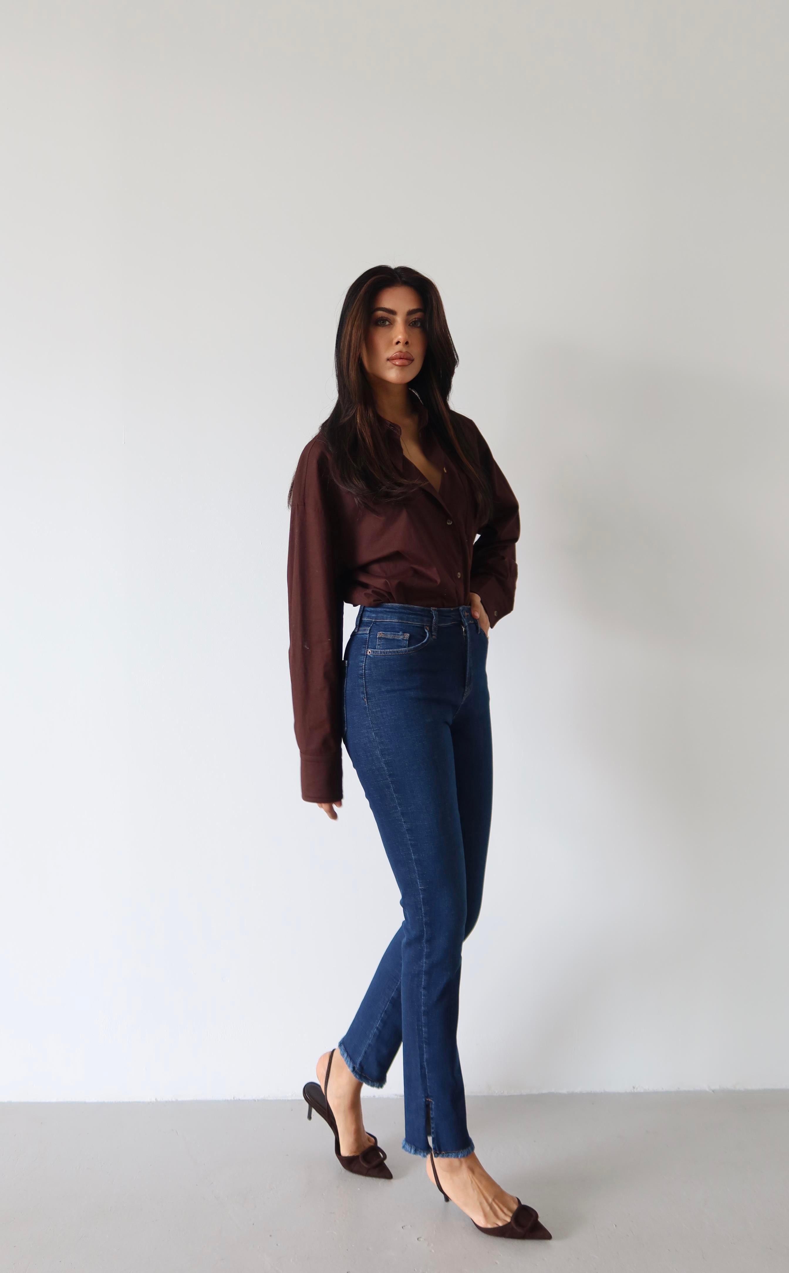 LACARINOYüksek BelPaça Yırtmaç Püskül Detaylı Dark Blue Jean Pantolon