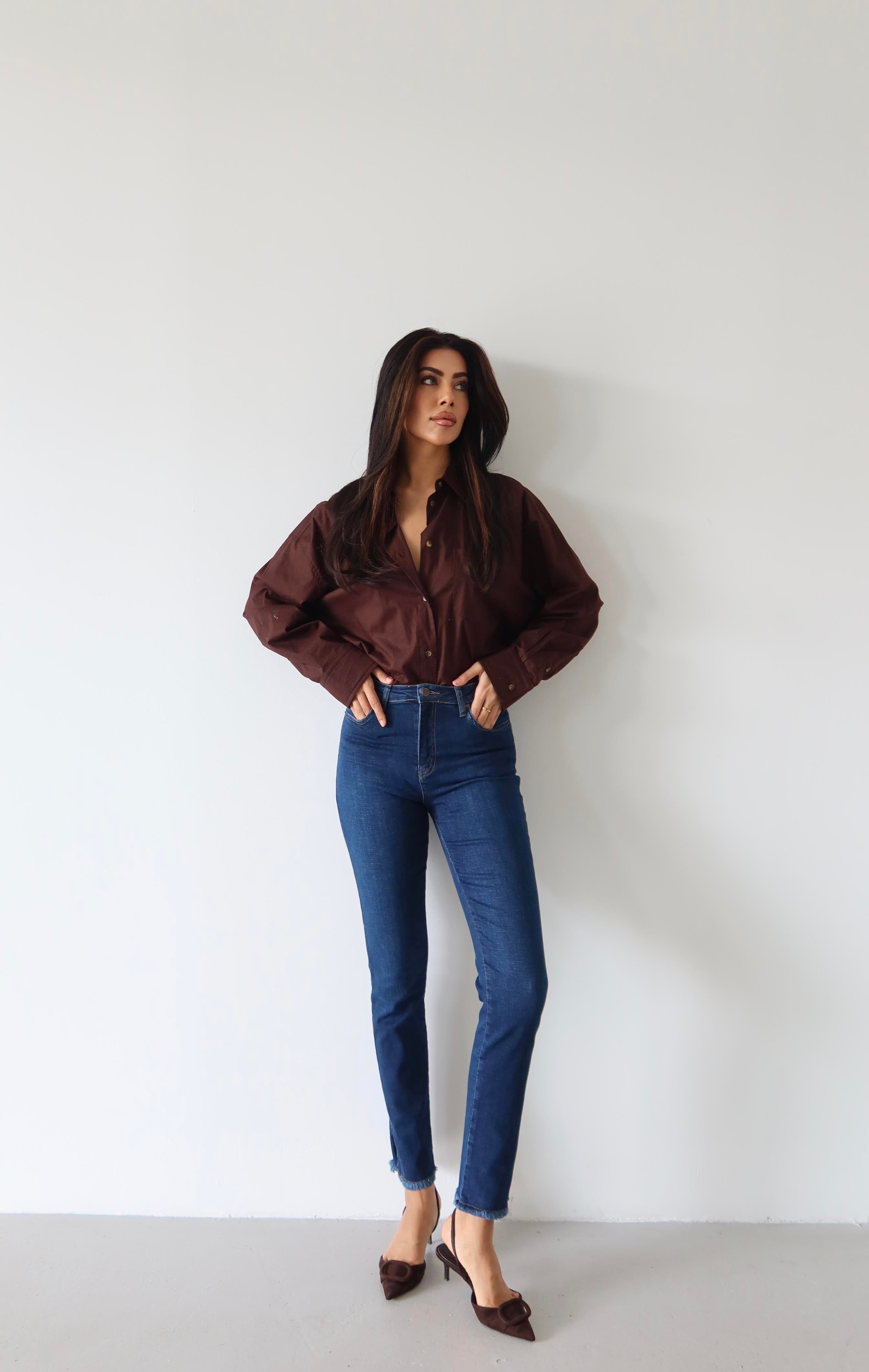 LACARINOYüksek BelPaça Yırtmaç Püskül Detaylı Dark Blue Jean Pantolon