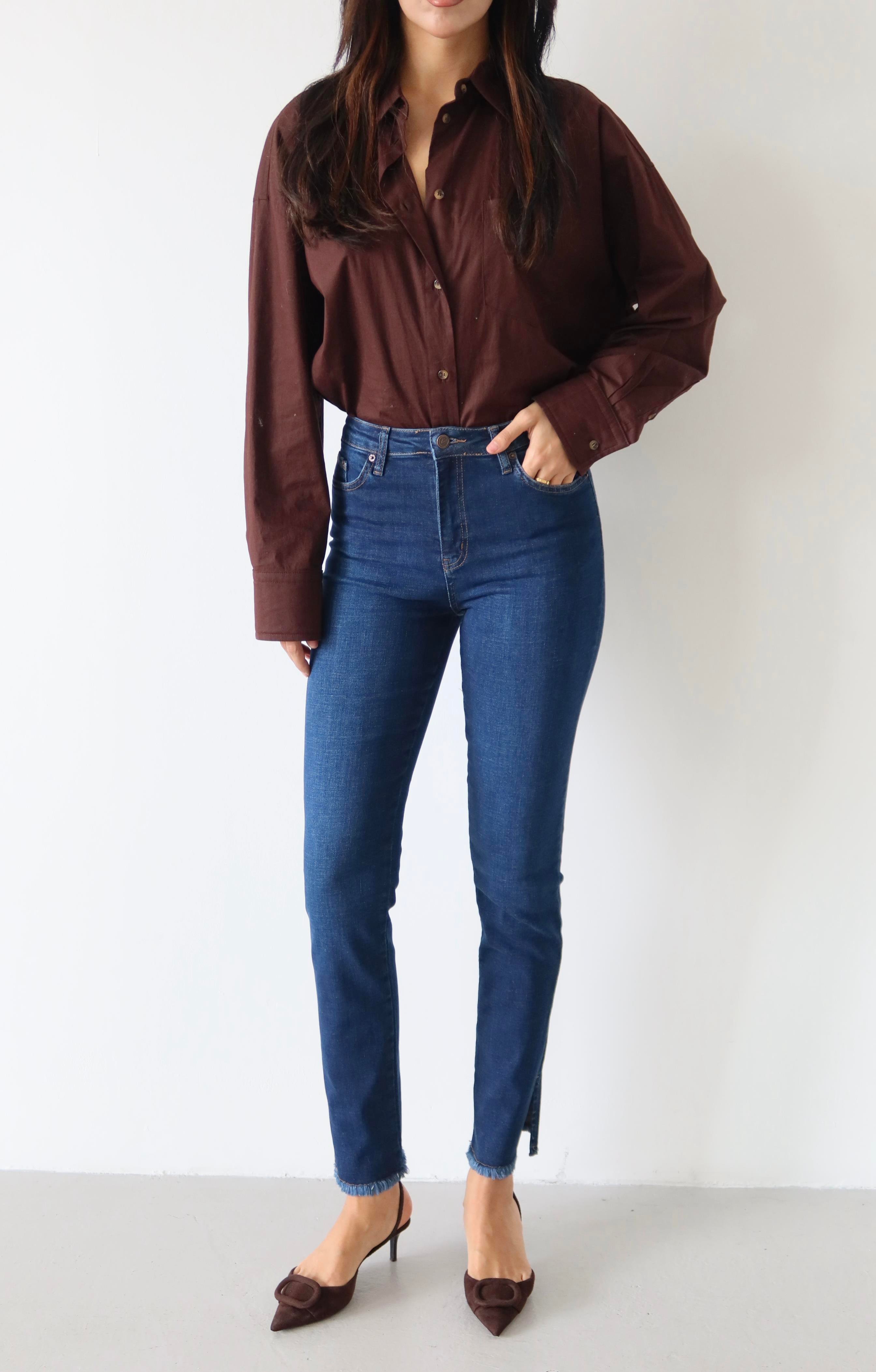 LACARINOYüksek BelPaça Yırtmaç Püskül Detaylı Dark Blue Jean Pantolon