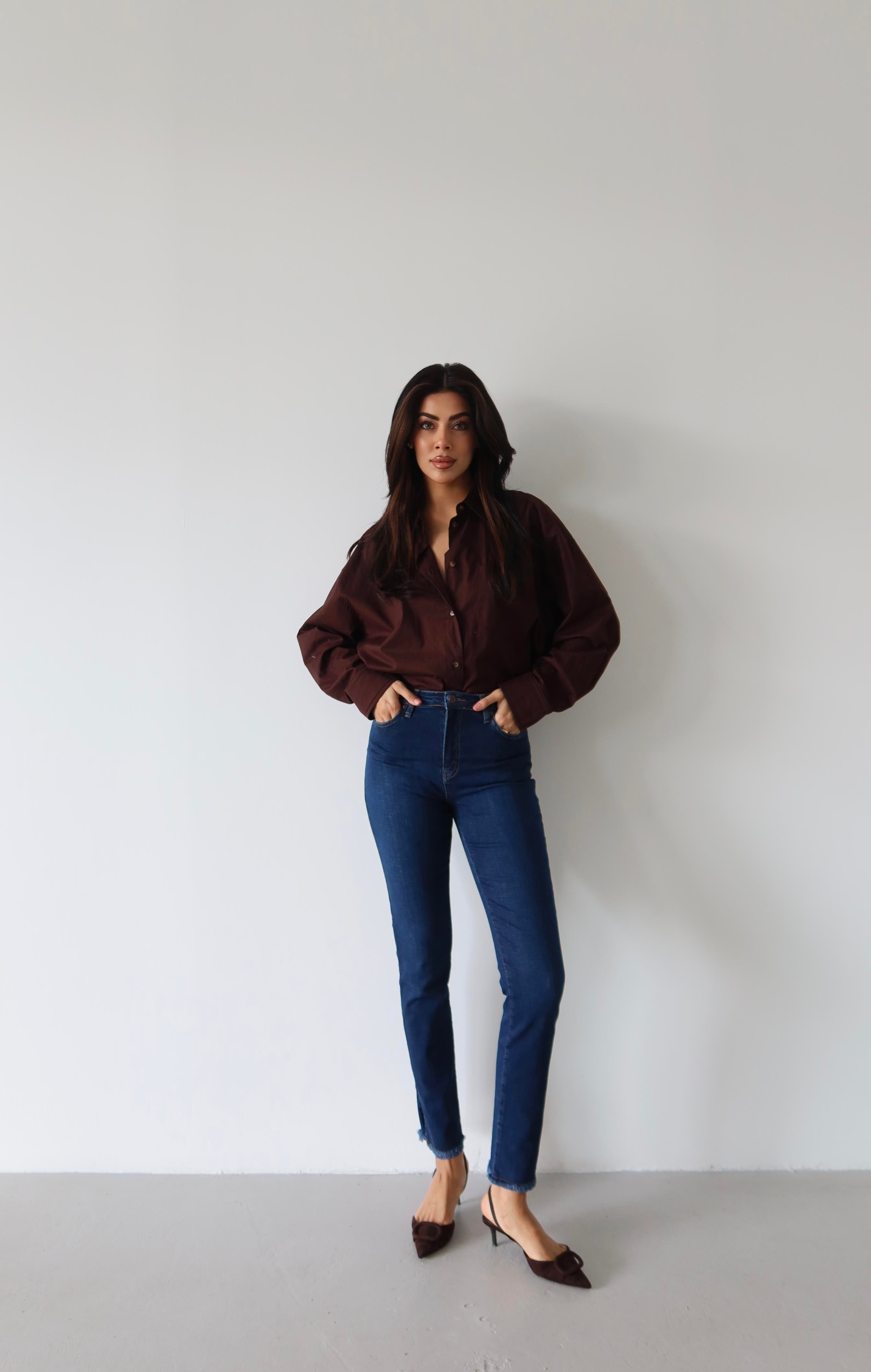 LACARINOYüksek Bel Paça Yırtmaç Püskül Detaylı Dark Blue Jean Pantolon