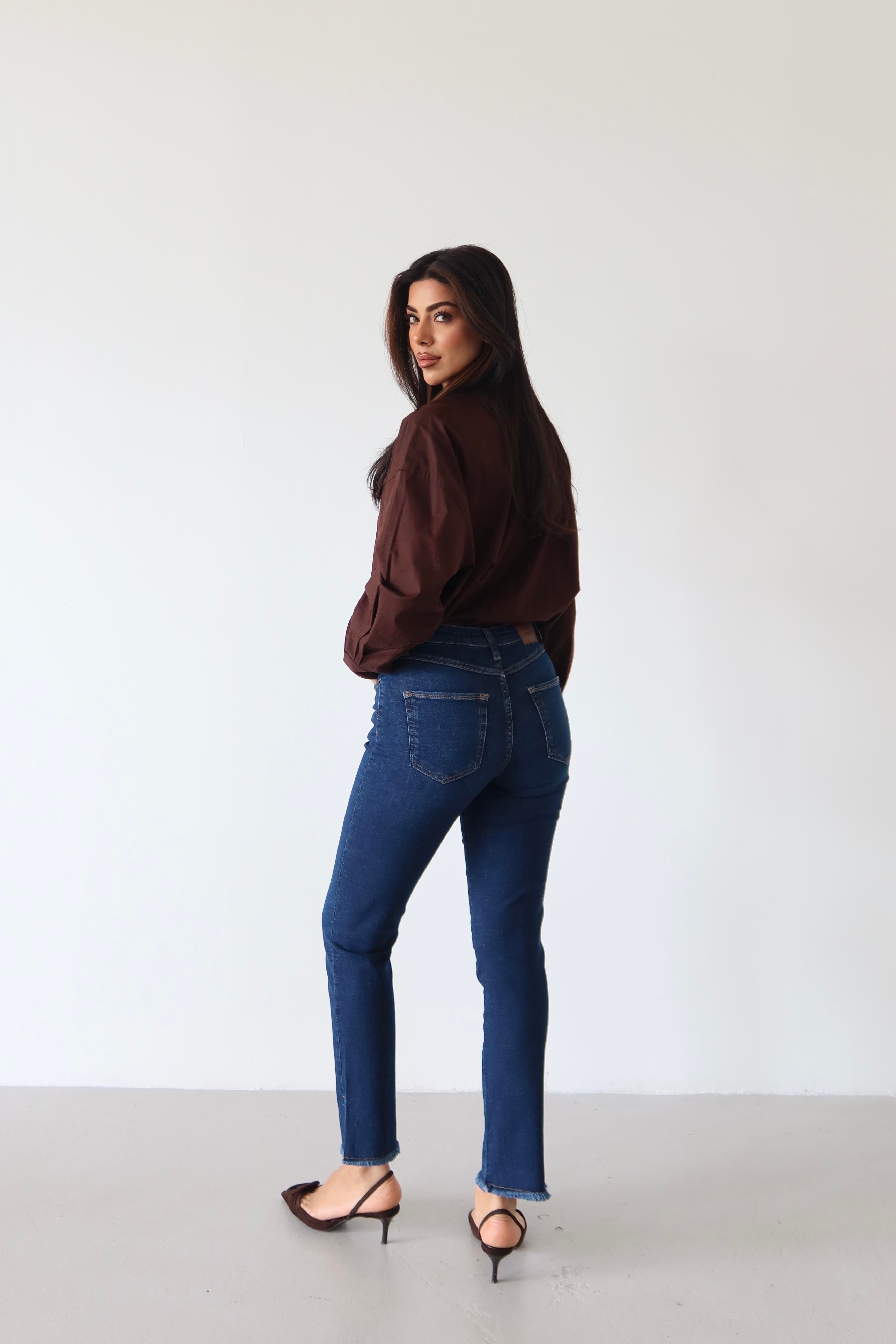 LACARINOYüksek Bel Paça Yırtmaç Püskül Detaylı Dark Blue Jean Pantolon