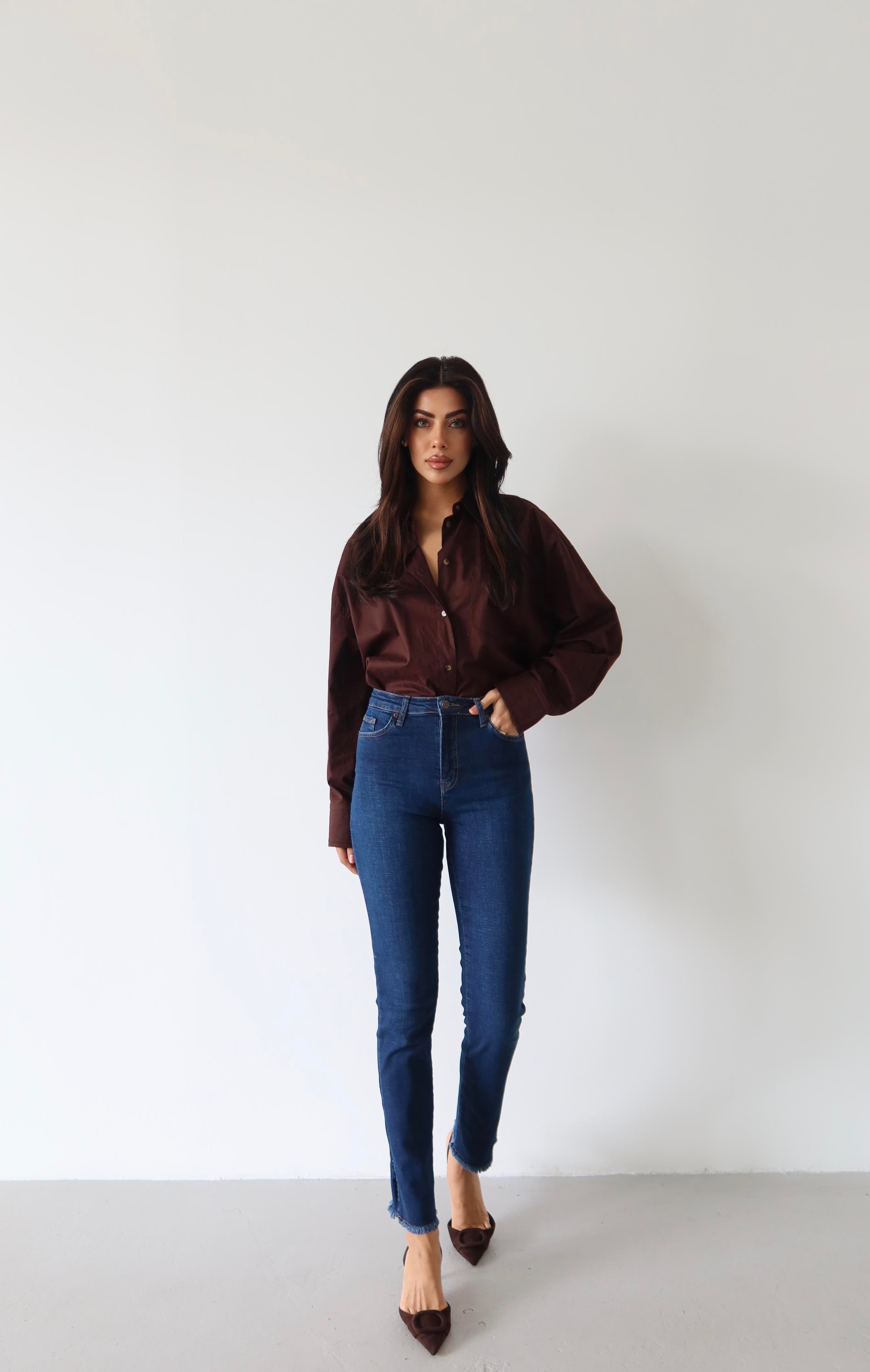 LACARINOYüksek Bel Paça Yırtmaç Püskül Detaylı Dark Blue Jean Pantolon