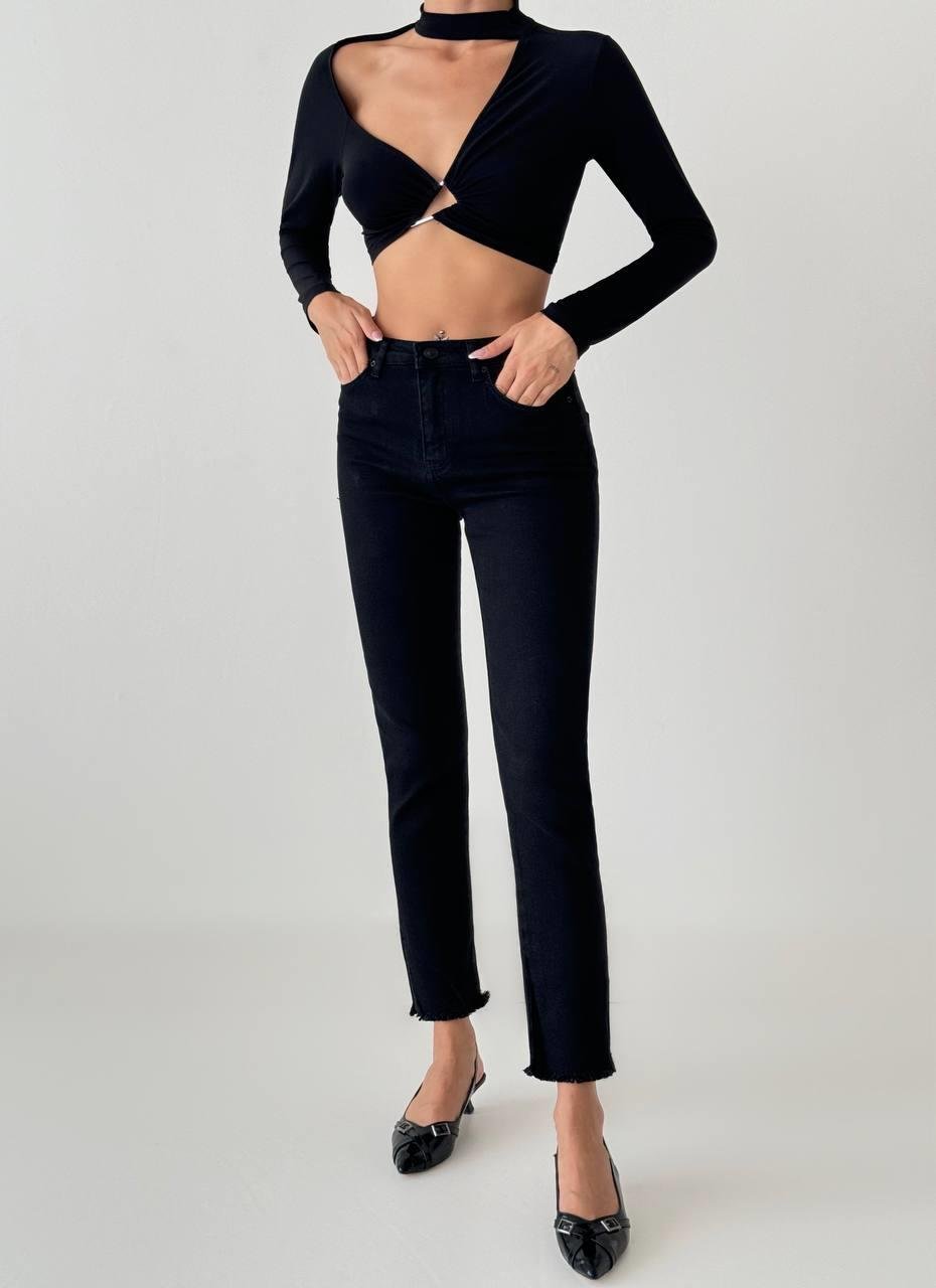 LACARINOYüksek Bel Paça Püskül ve Kesik Detaylı Ara Beden Siyah Jean Pantolon