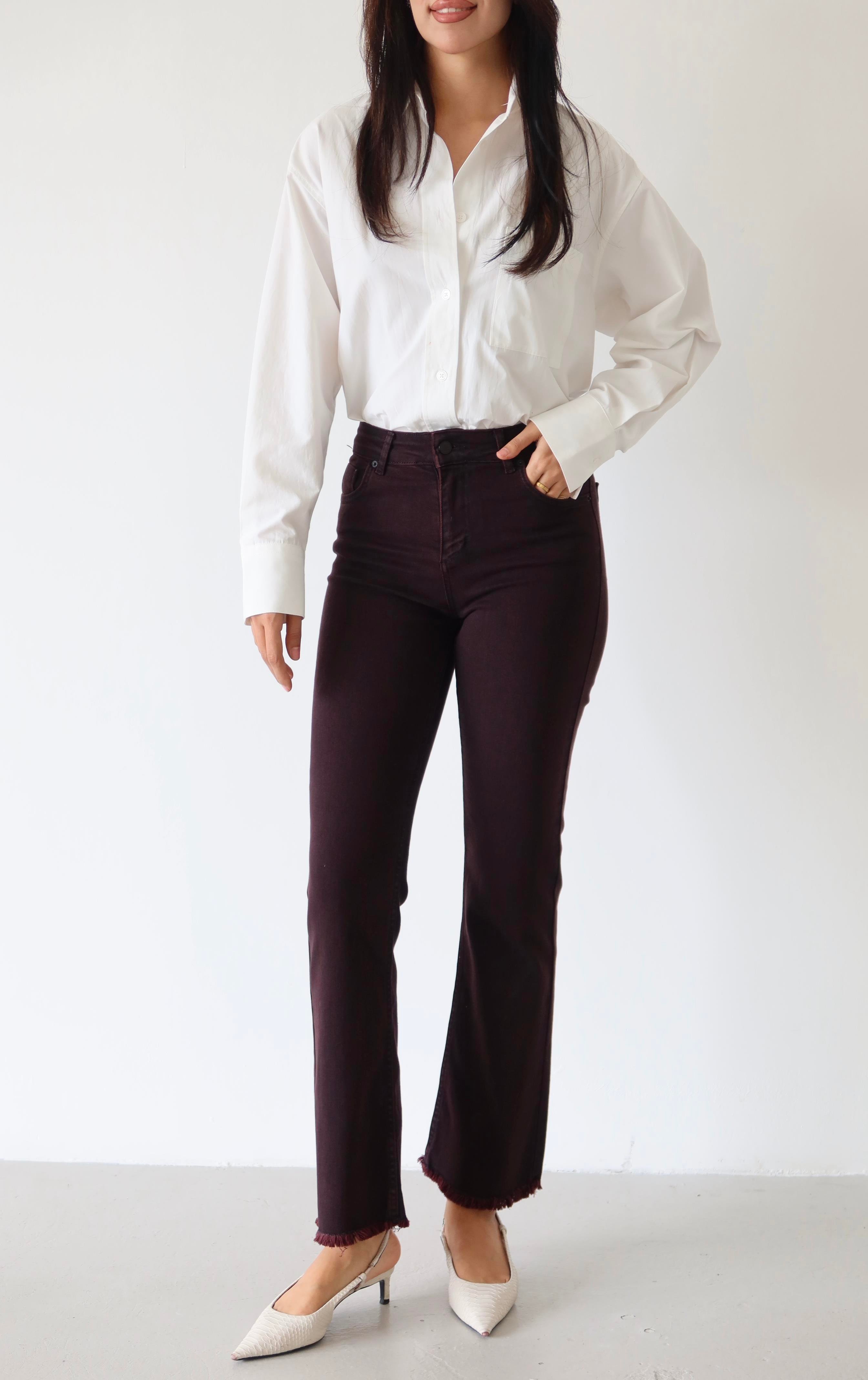 LACARINOYüksek Bel Dar Kalıp Paça Püskül Detaylı Bordo Jean Pantolon