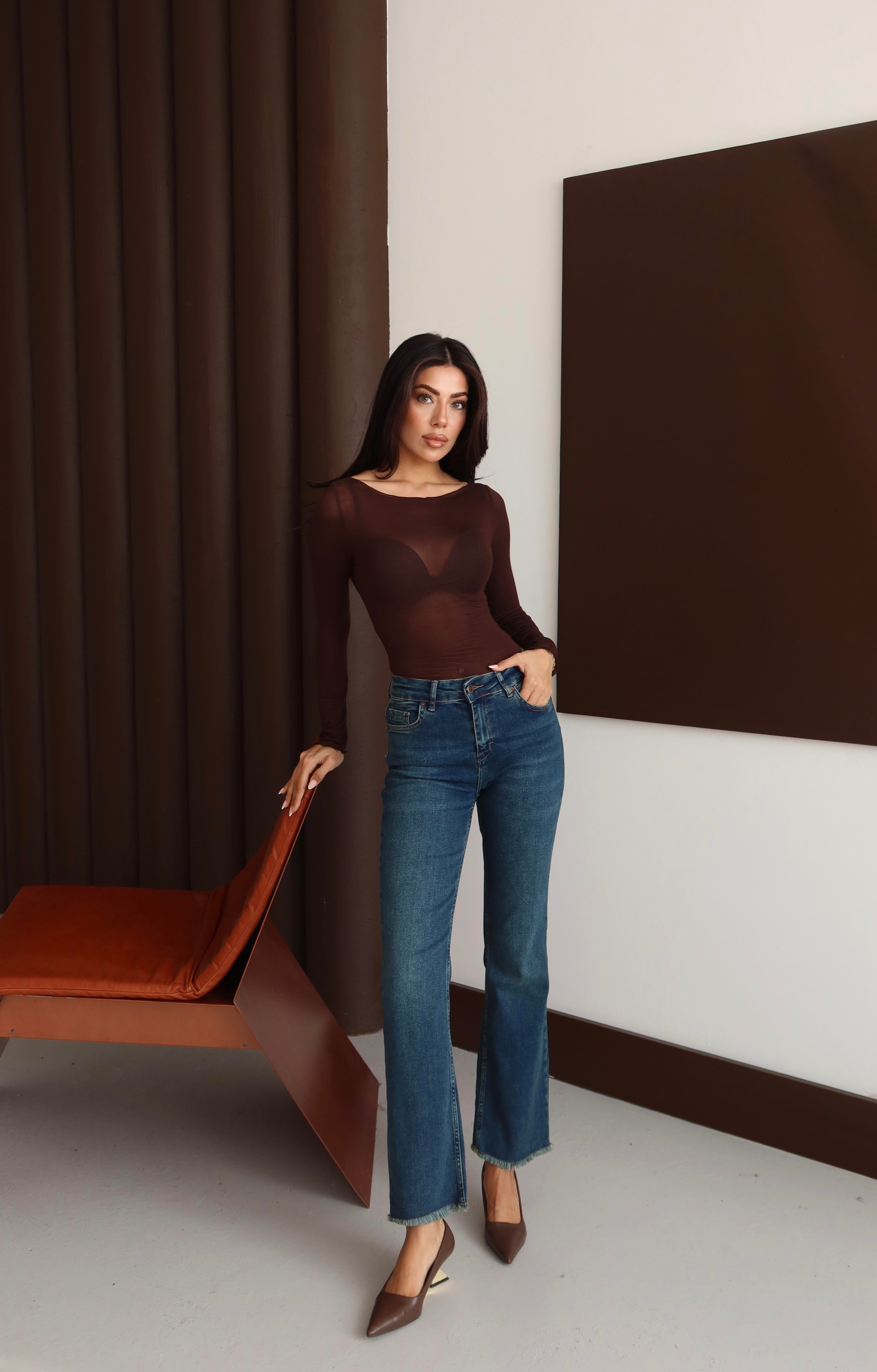 LACARINOYüksek Bel Paça Püskül Detaylı Ara Beden Yeşil Tint Jean Pantolon