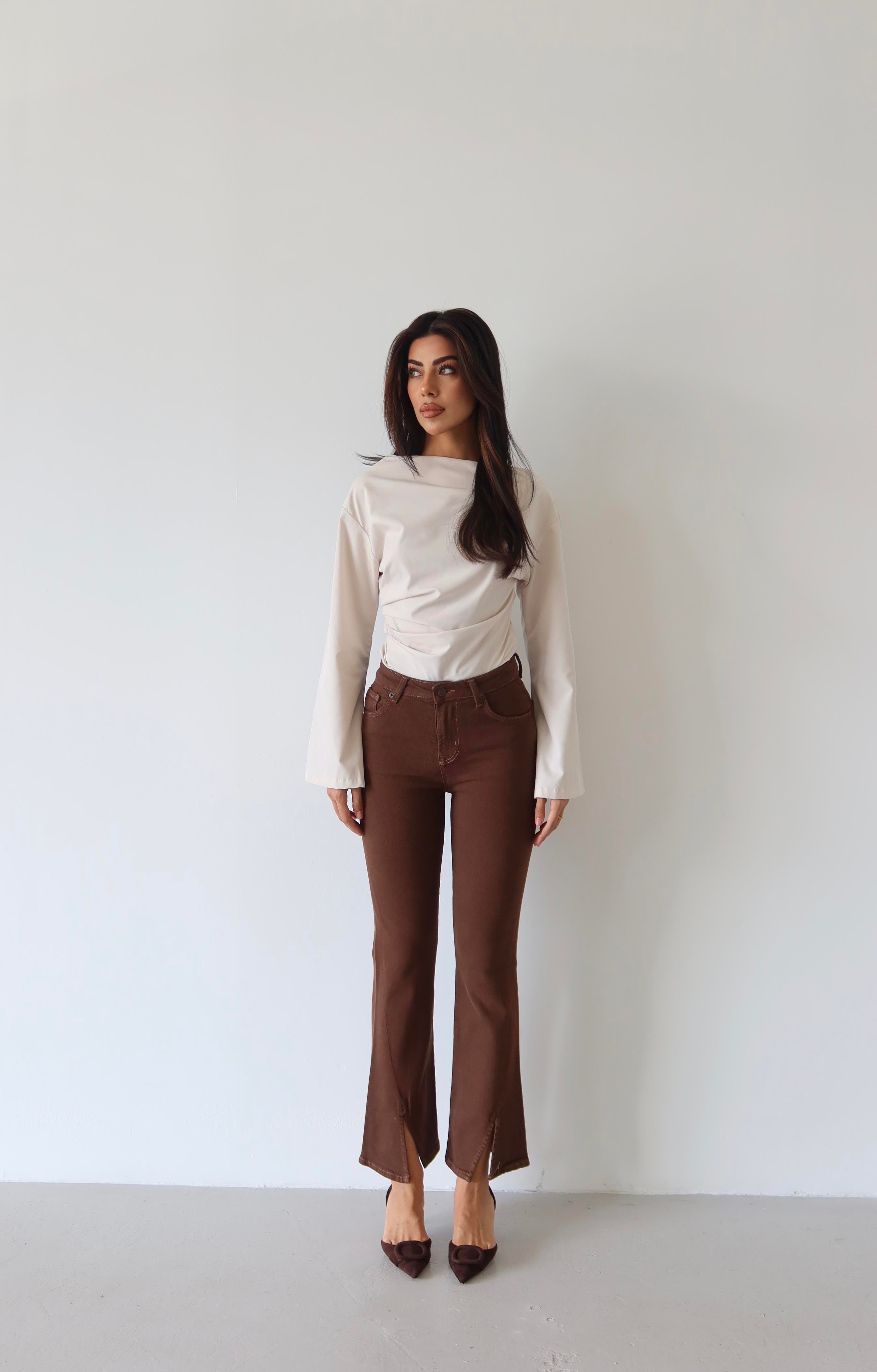 LACARINOYüksek bel Paça Kesik Detaylı Kahve Jean Pantolon