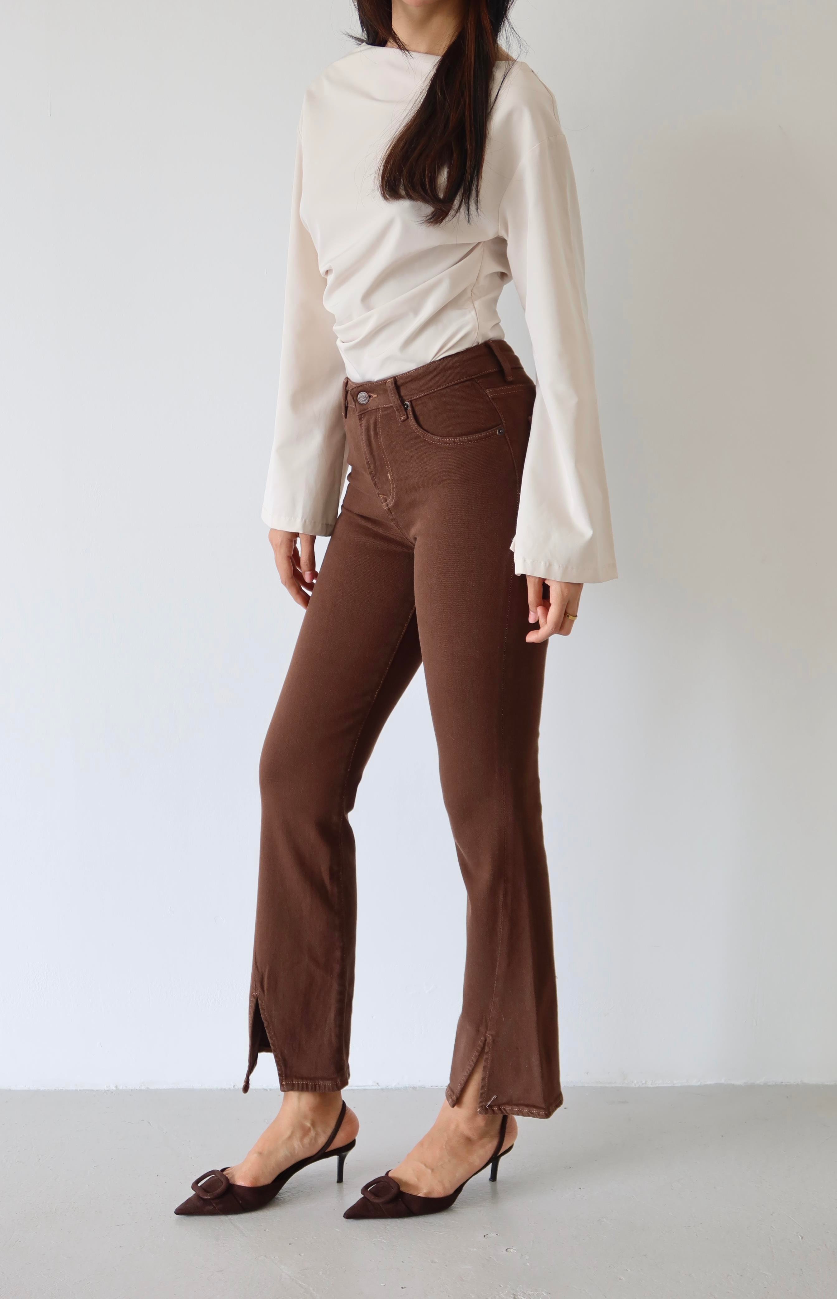 LACARINOYüksek bel Paça Kesik Detaylı Kahve Jean Pantolon