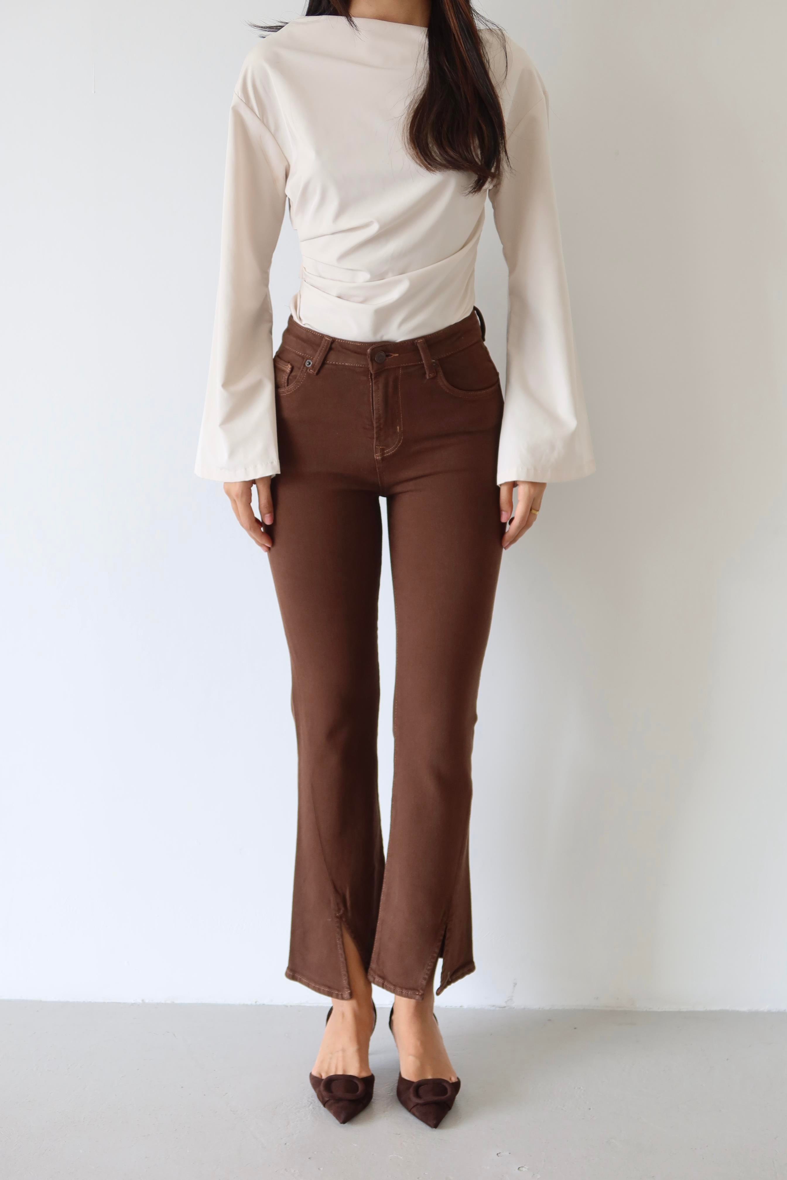 LACARINOYüksek bel Paça Kesik Detaylı Kahve Jean Pantolon