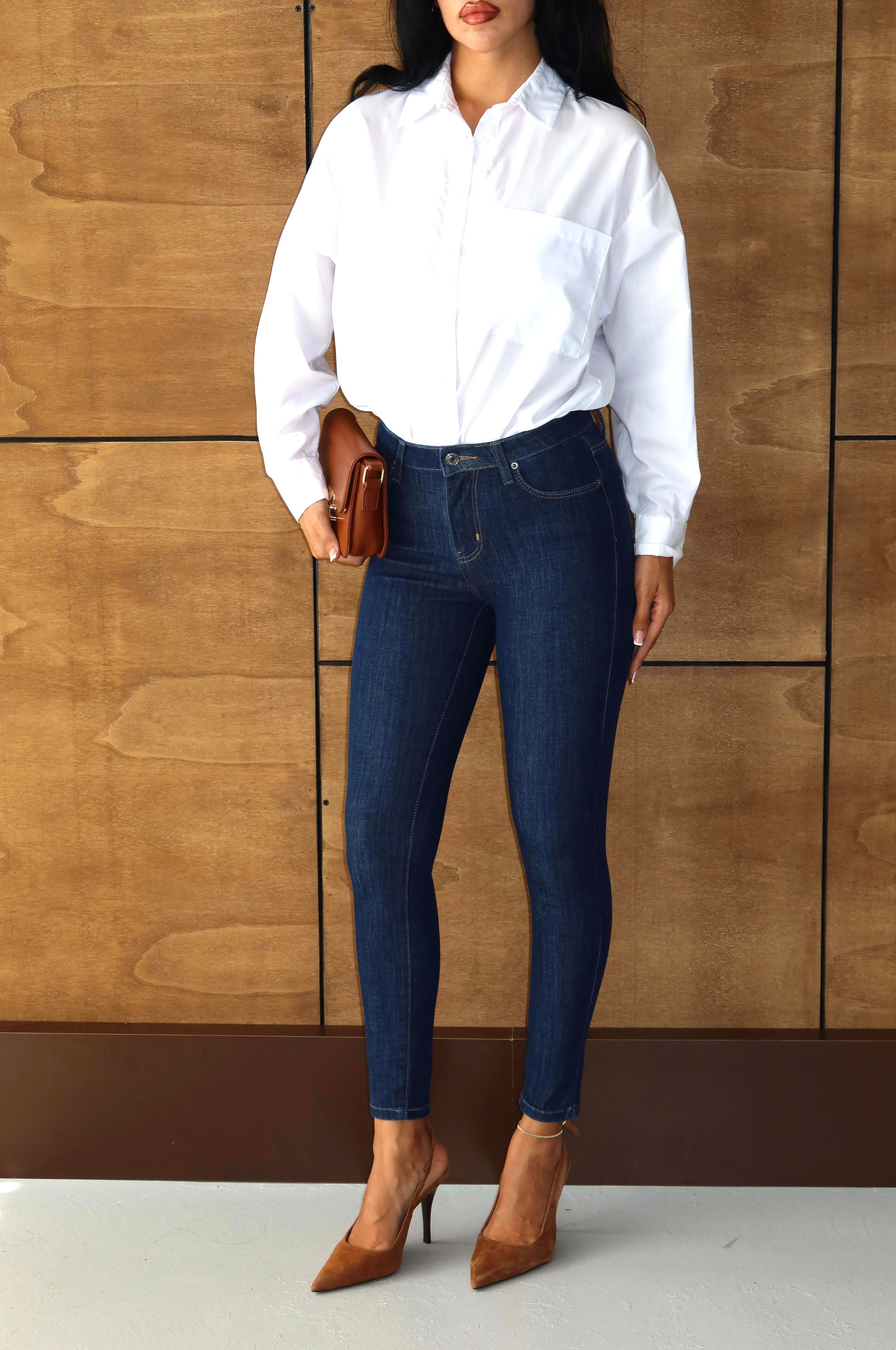 LACARINOHigh Waist Narrow Fit Length Lycra Dark Blue Jeans