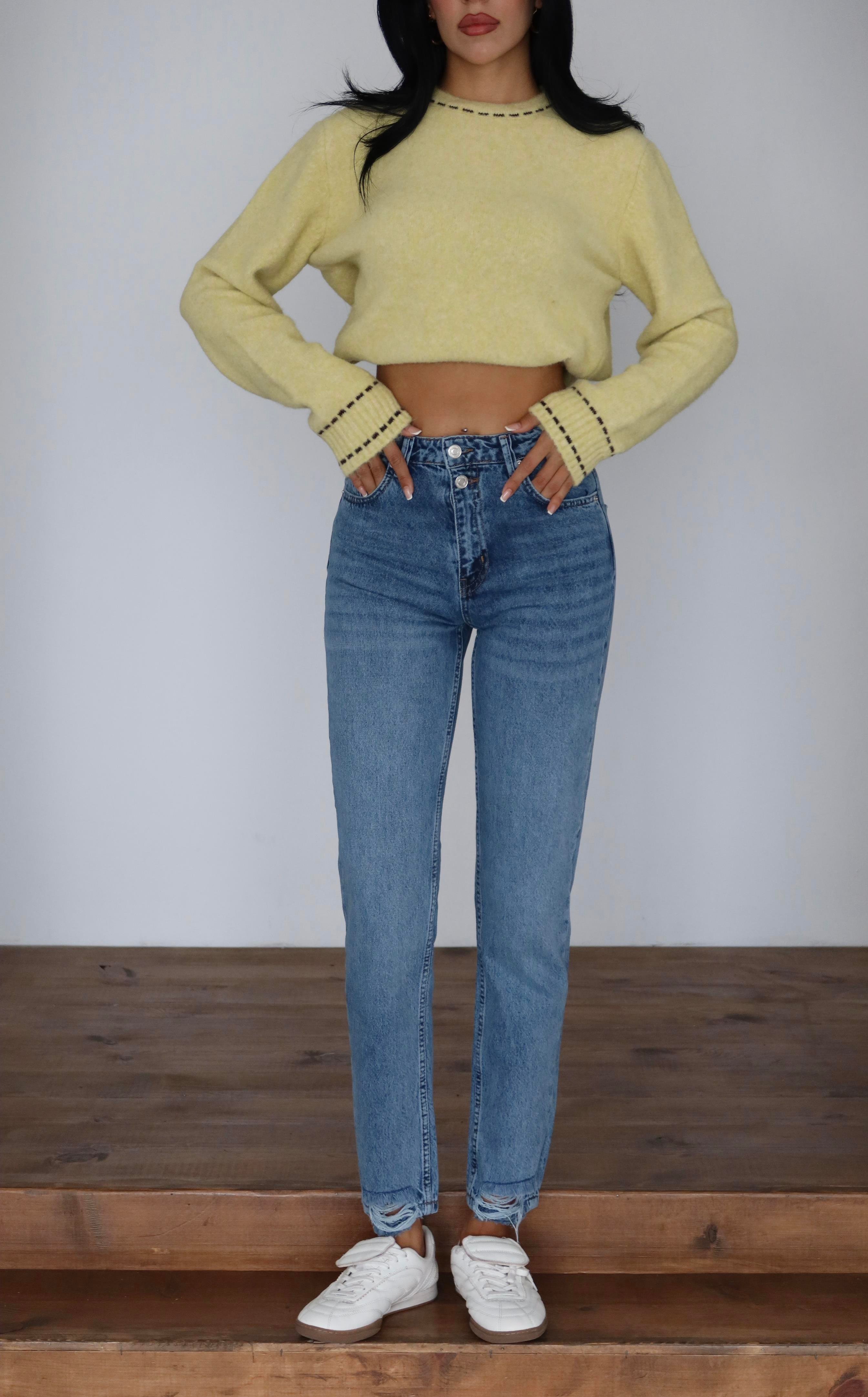 LACARINOHigh Waist Leg Detailed Blue Mom Fit Jeans