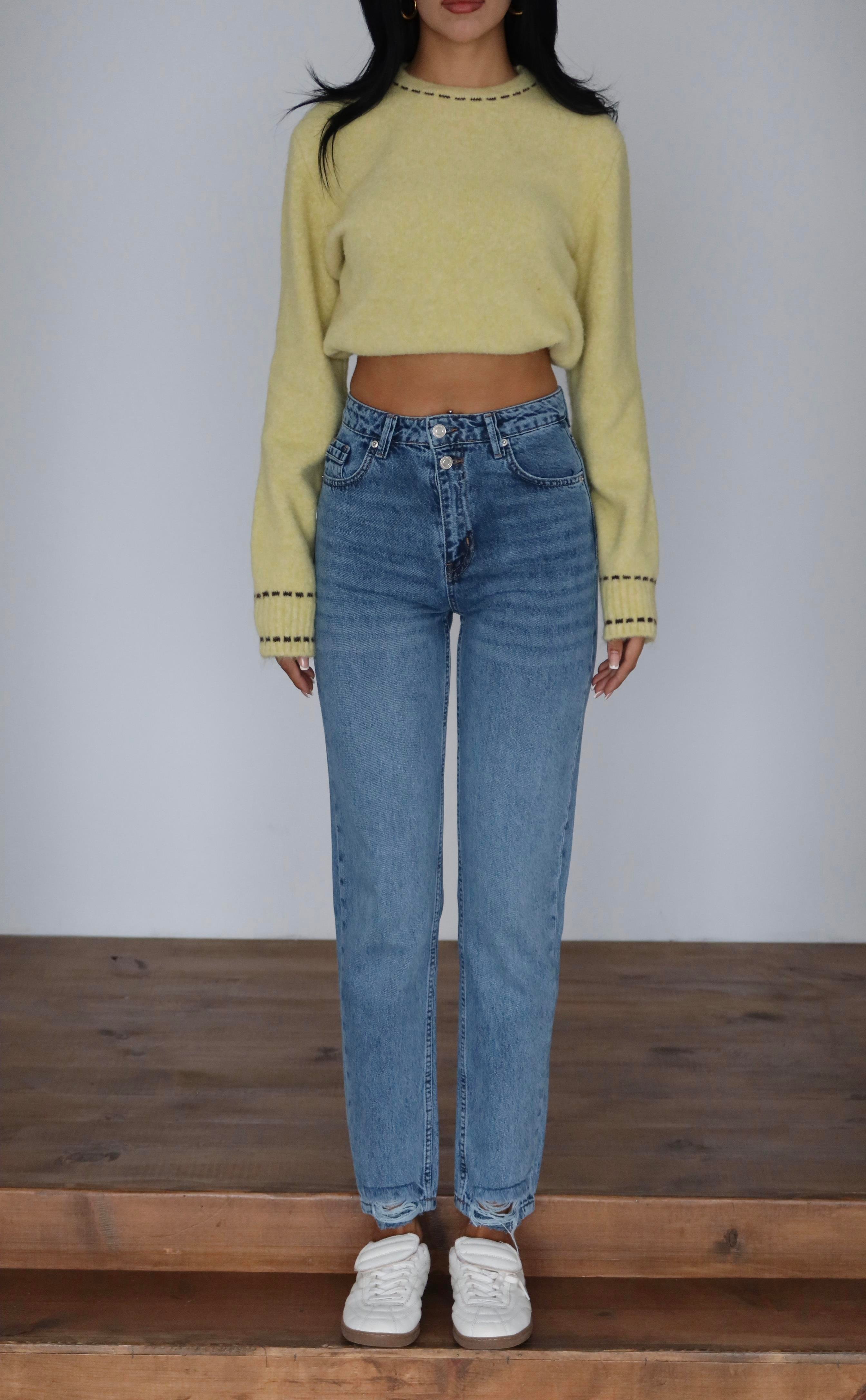 LACARINOHigh Waist Leg Detailed Blue Mom Fit Jeans