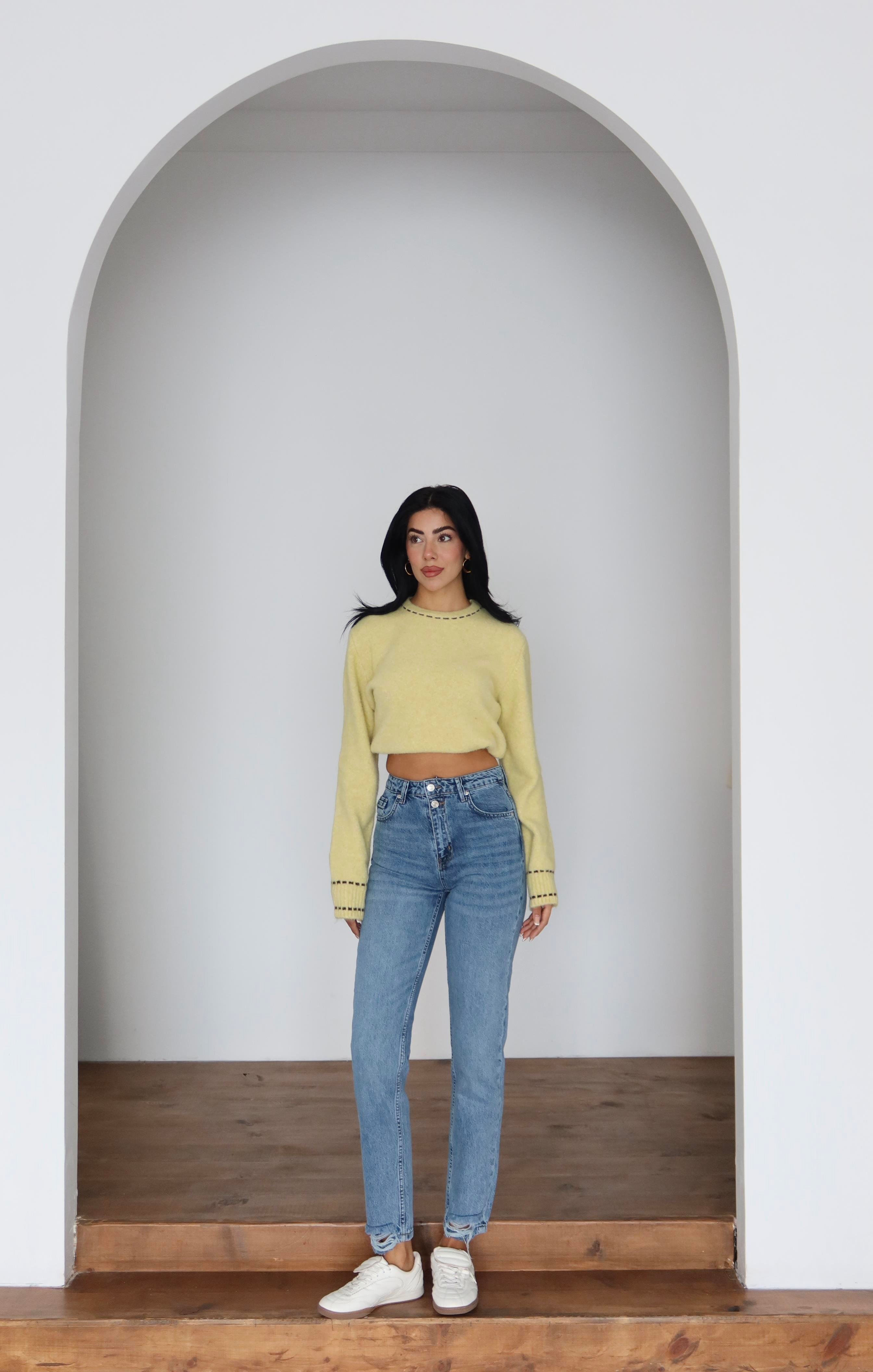 LACARINOHigh Waist Leg Detailed Blue Mom Fit Jeans