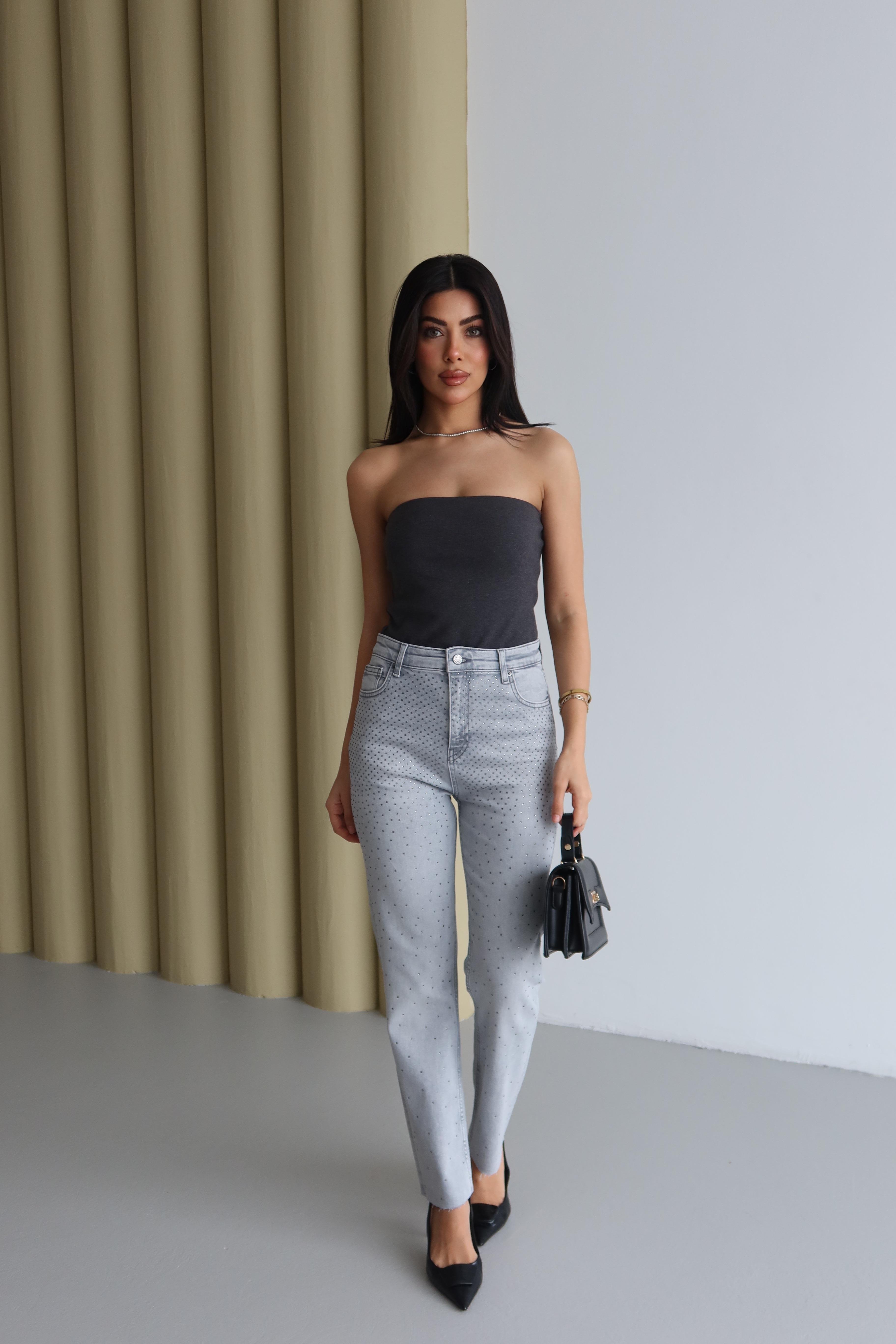 LACARINOYüksek Bel Paça Kesik Detaylı Açık Gri Jean Pantolon