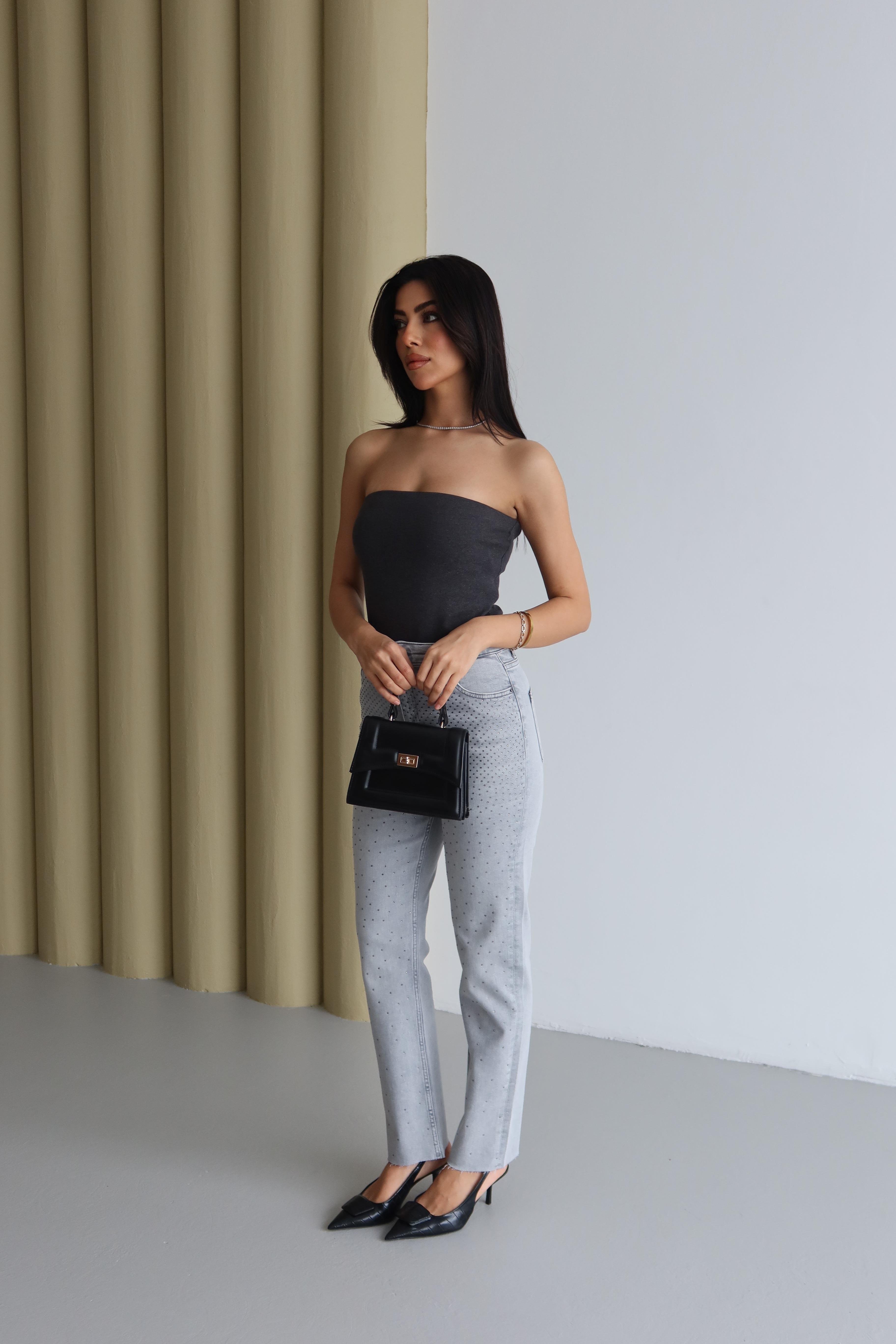 LACARINOYüksek Bel Paça Kesik Detaylı Açık Gri Jean Pantolon