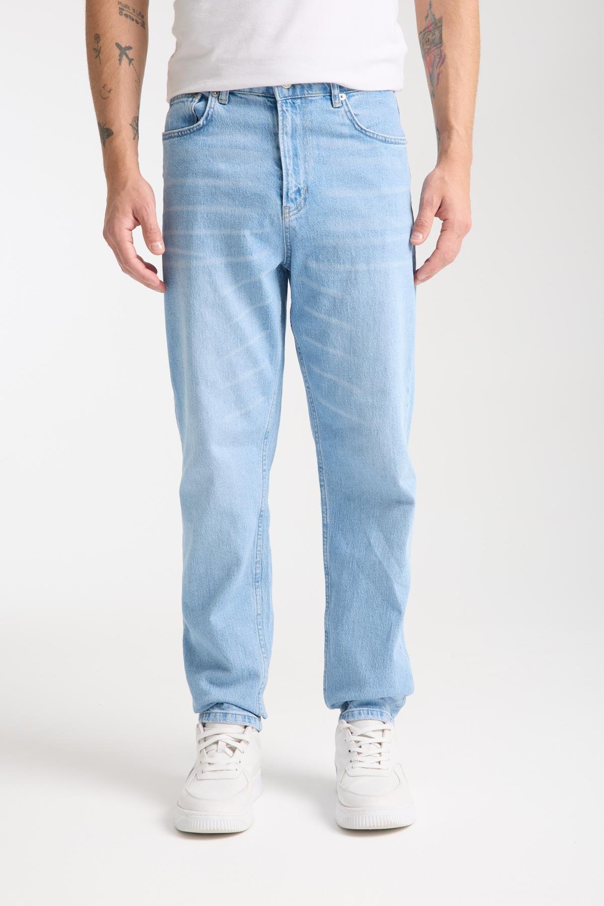 LACARINOErkek Yüksek Bel Dar Paça Dark Light Blue Jean Pantolon