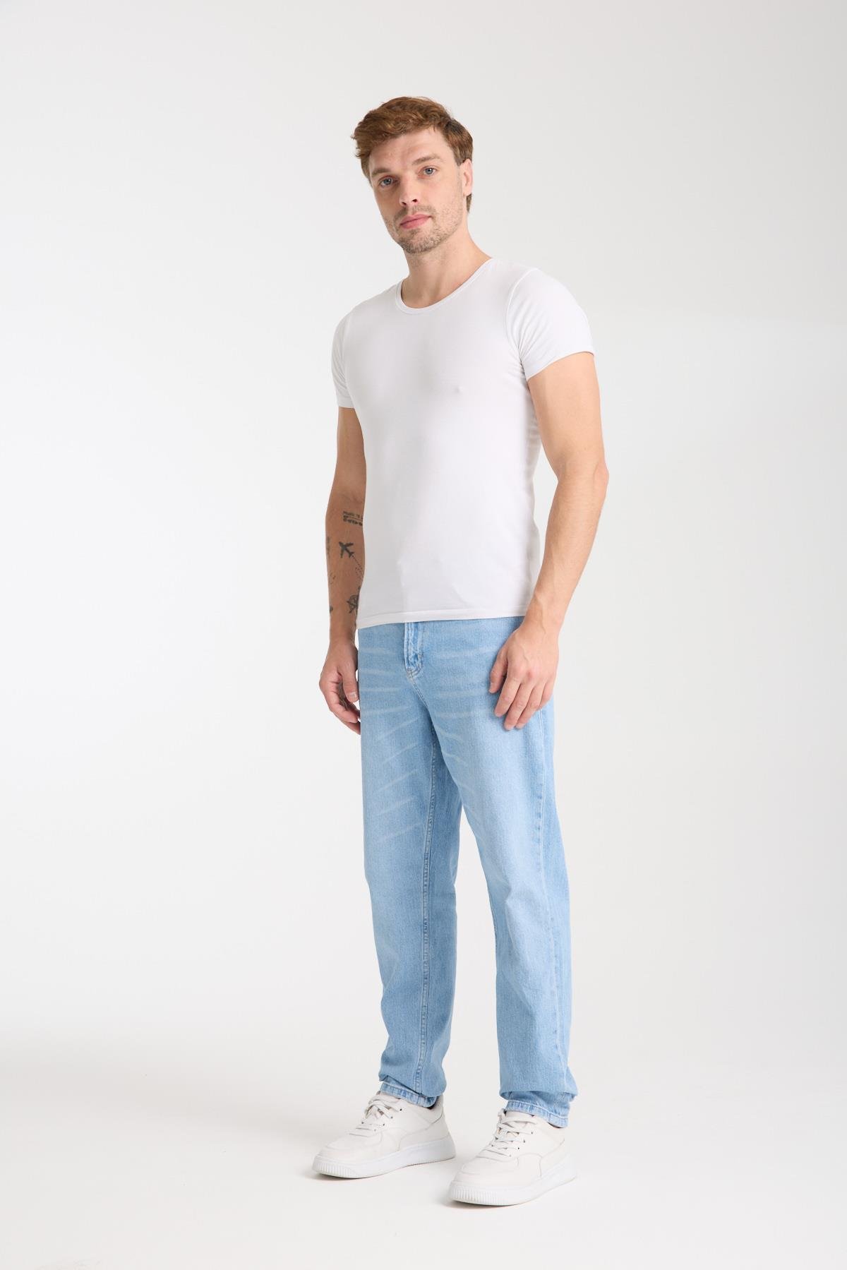 LACARINOErkek Yüksek Bel Dar Paça Dark Light Blue Jean Pantolon