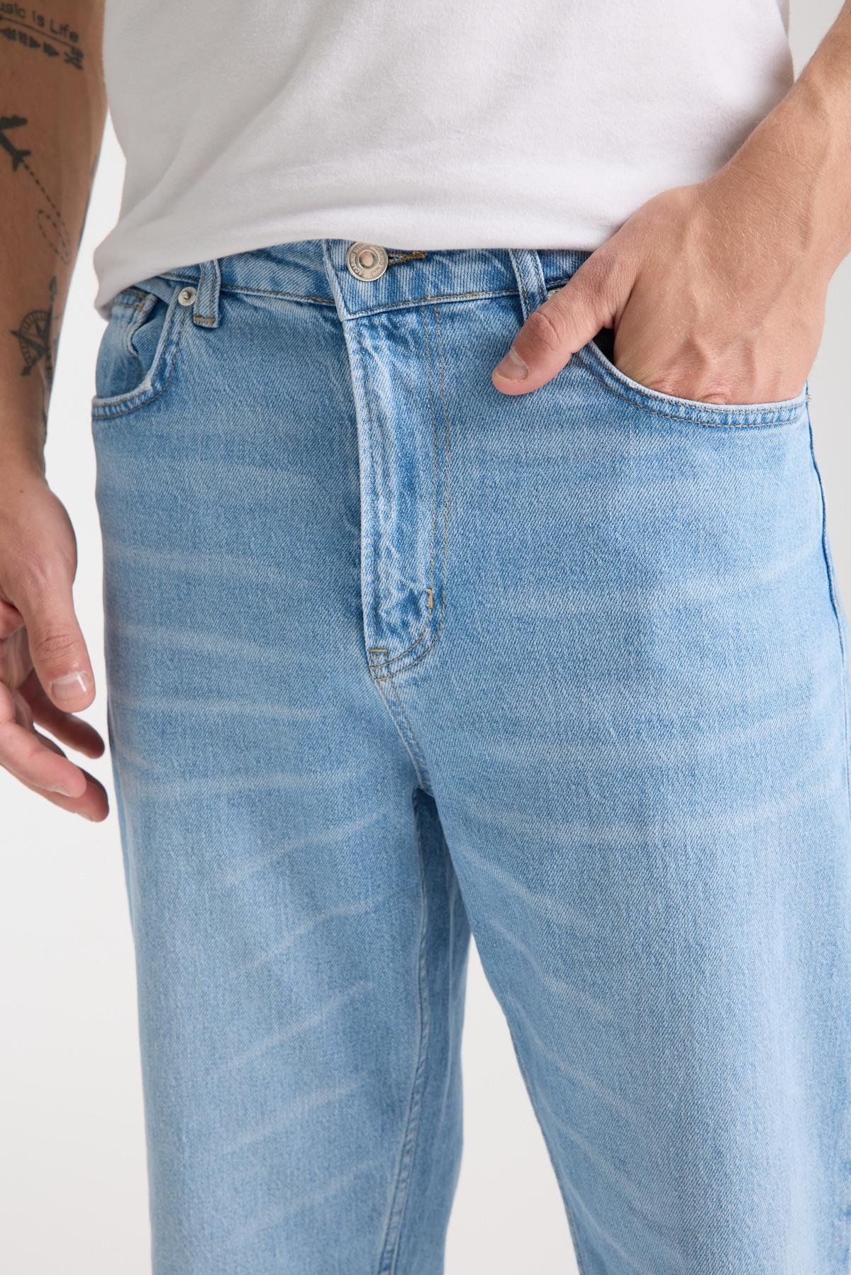 LACARINOErkek Yüksek Bel Dar Paça Dark Light Blue Jean Pantolon