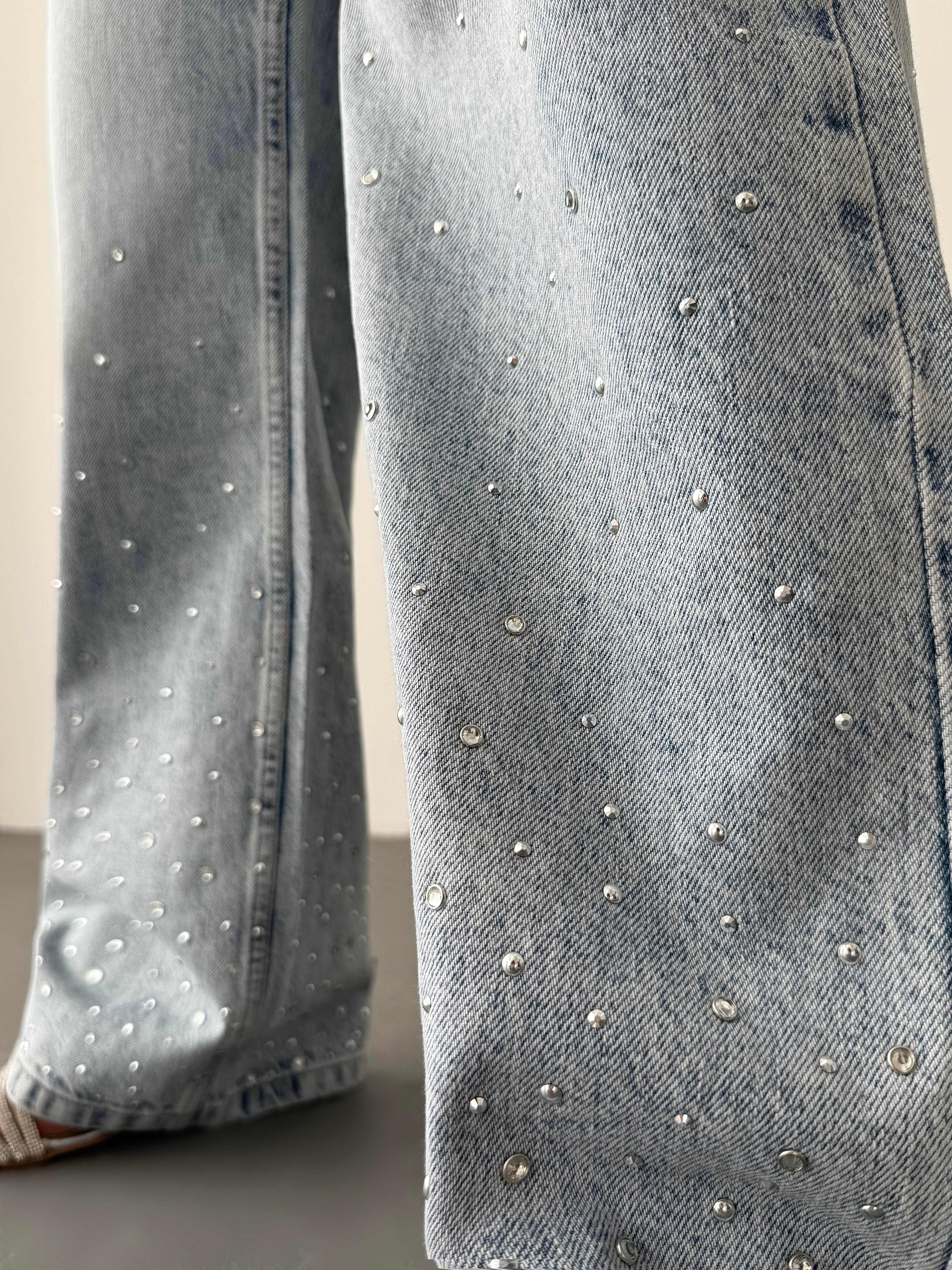 LACARINOYüksek Bel Bol Kesim Light Blue Taşlı Jean Pantolon
