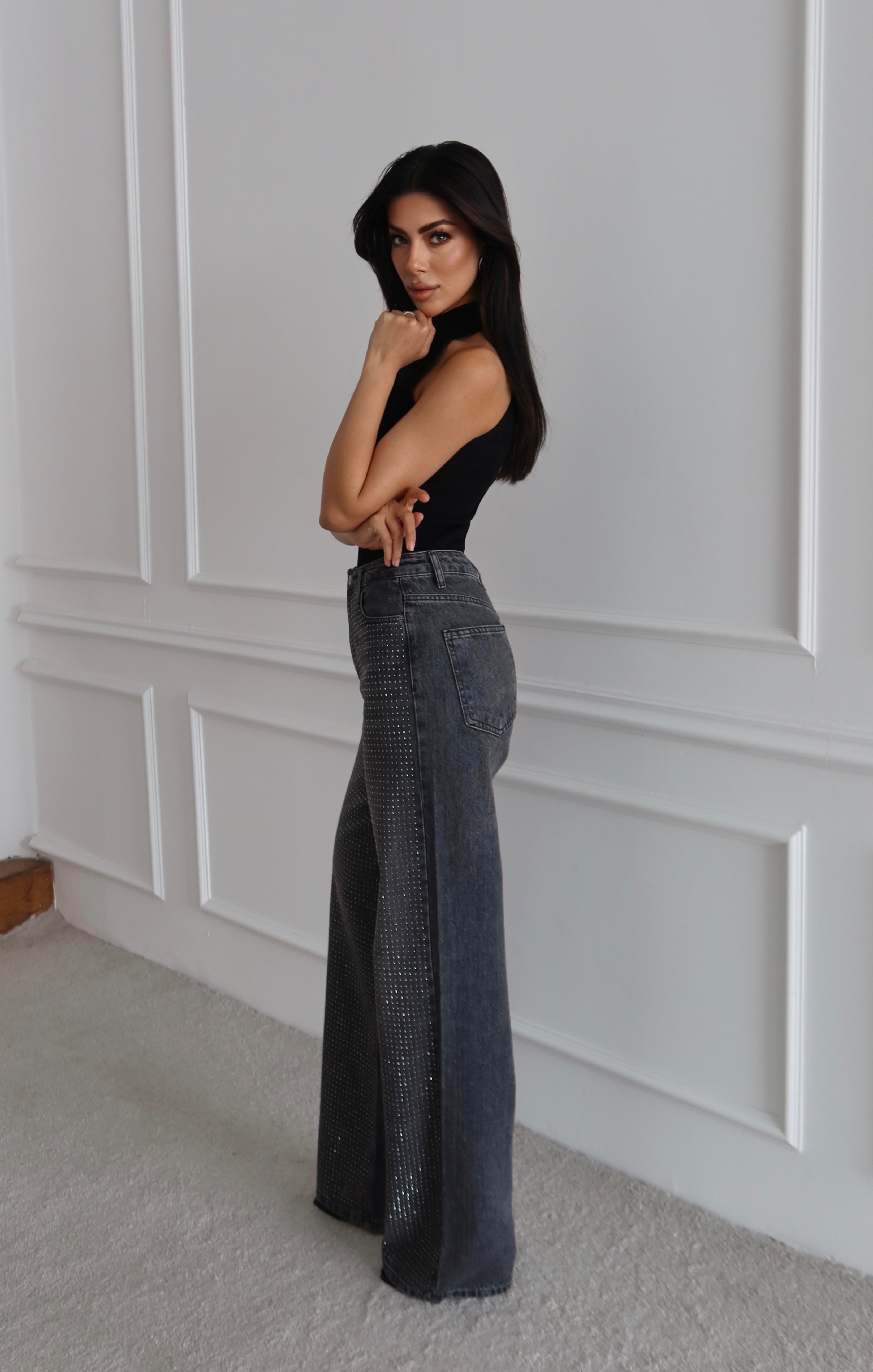 LACARINOYüksek Bel Rahat Kesim Antrasit Boydan Taşlı Jean Pantolon