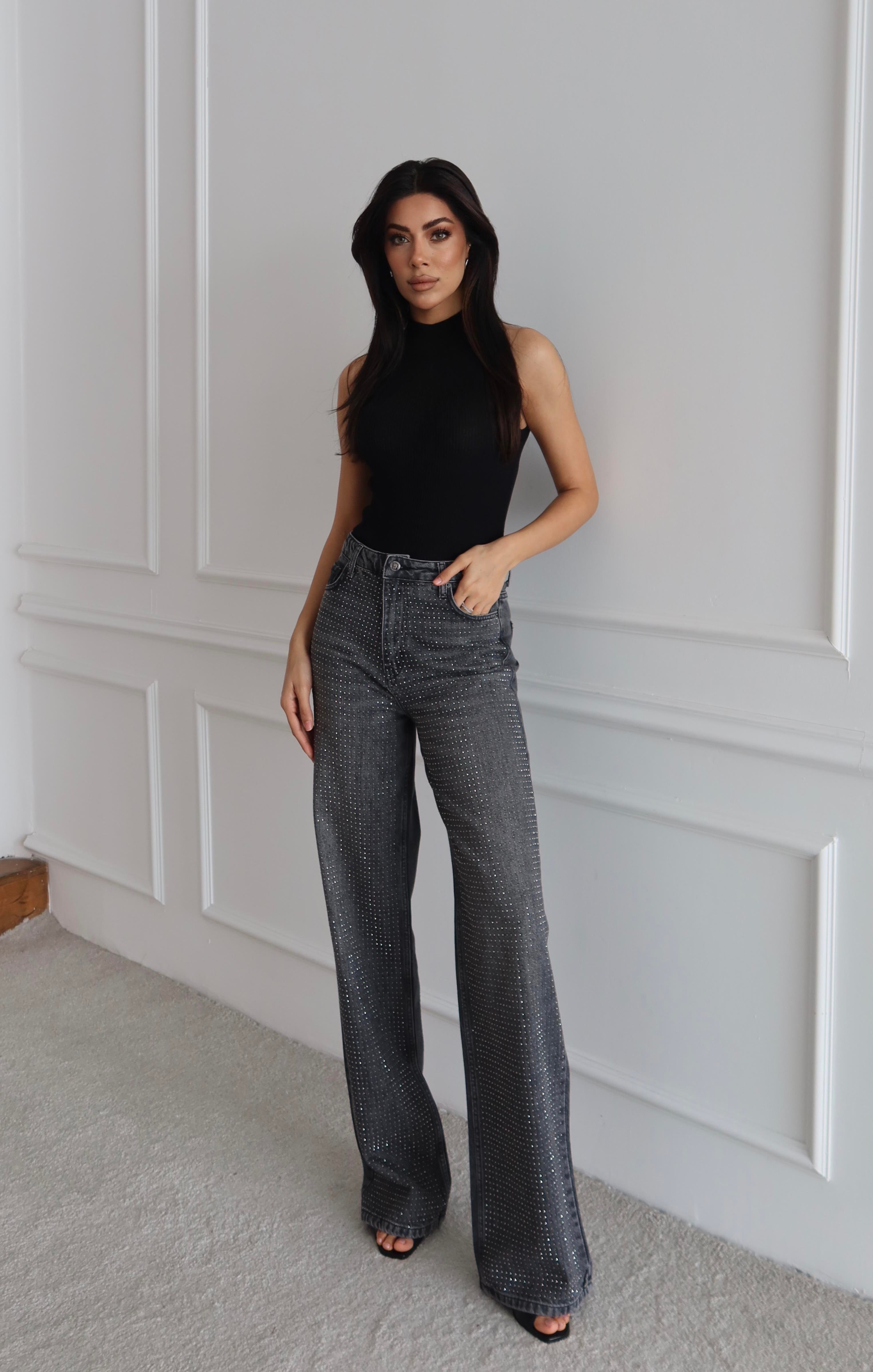 LACARINOYüksek Bel Rahat Kesim Antrasit Boydan Taşlı Jean Pantolon