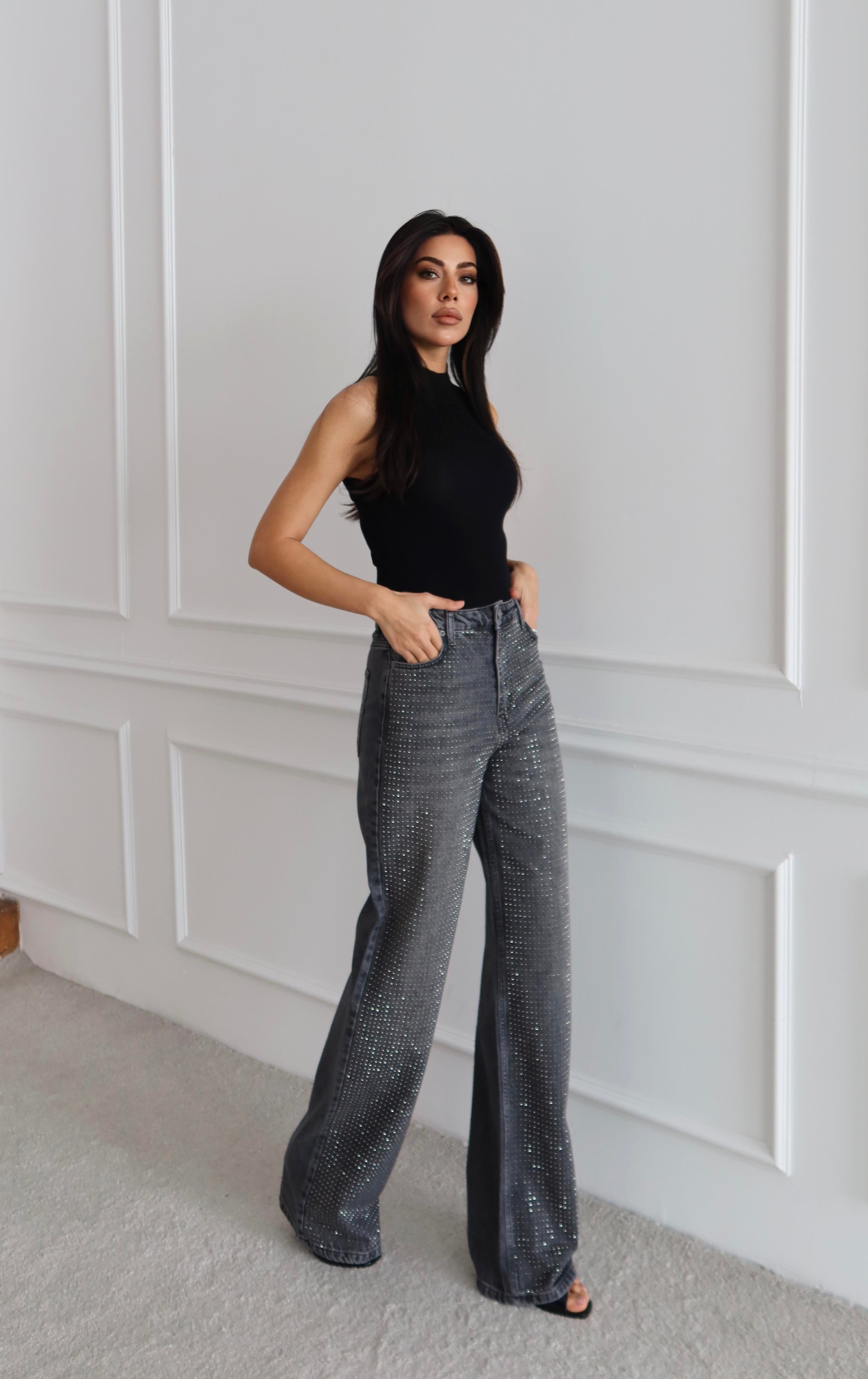 LACARINOYüksek Bel Rahat Kesim Antrasit Boydan Taşlı Jean Pantolon