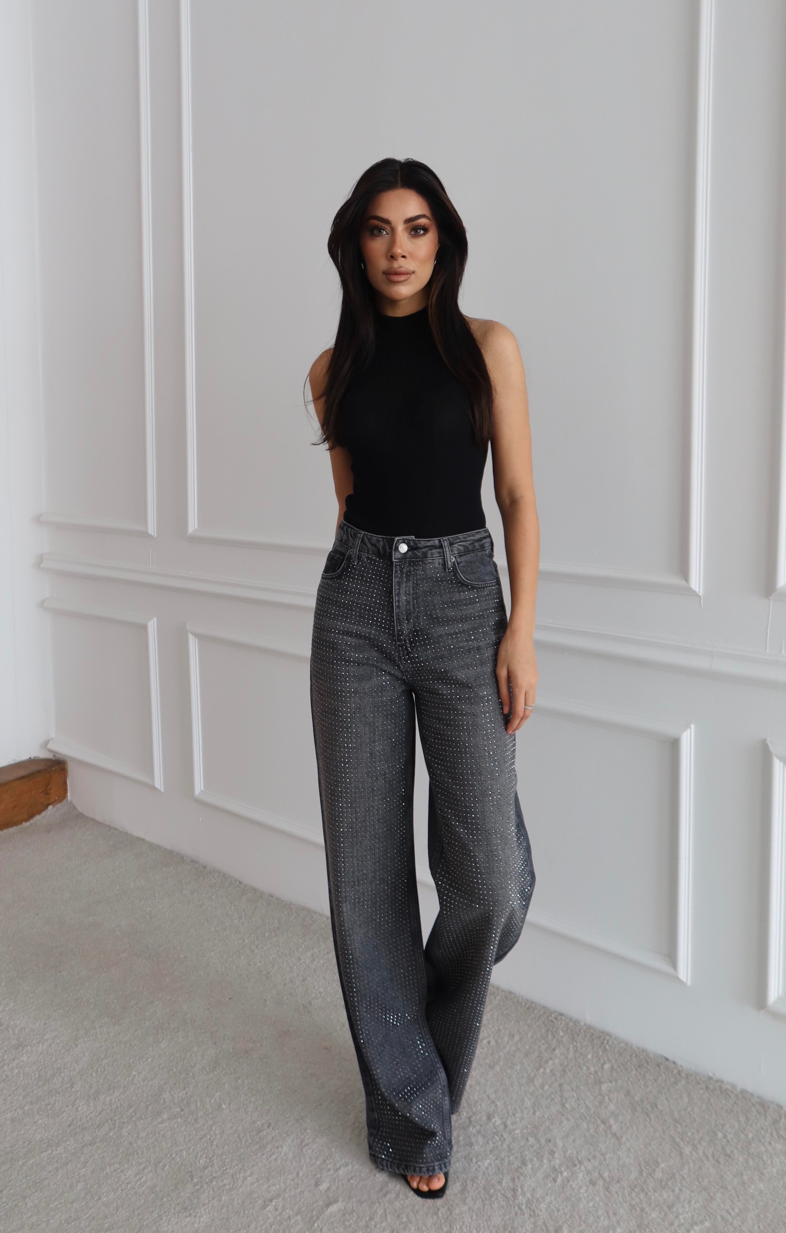 LACARINOYüksek Bel Rahat Kesim Antrasit Boydan Taşlı Jean Pantolon