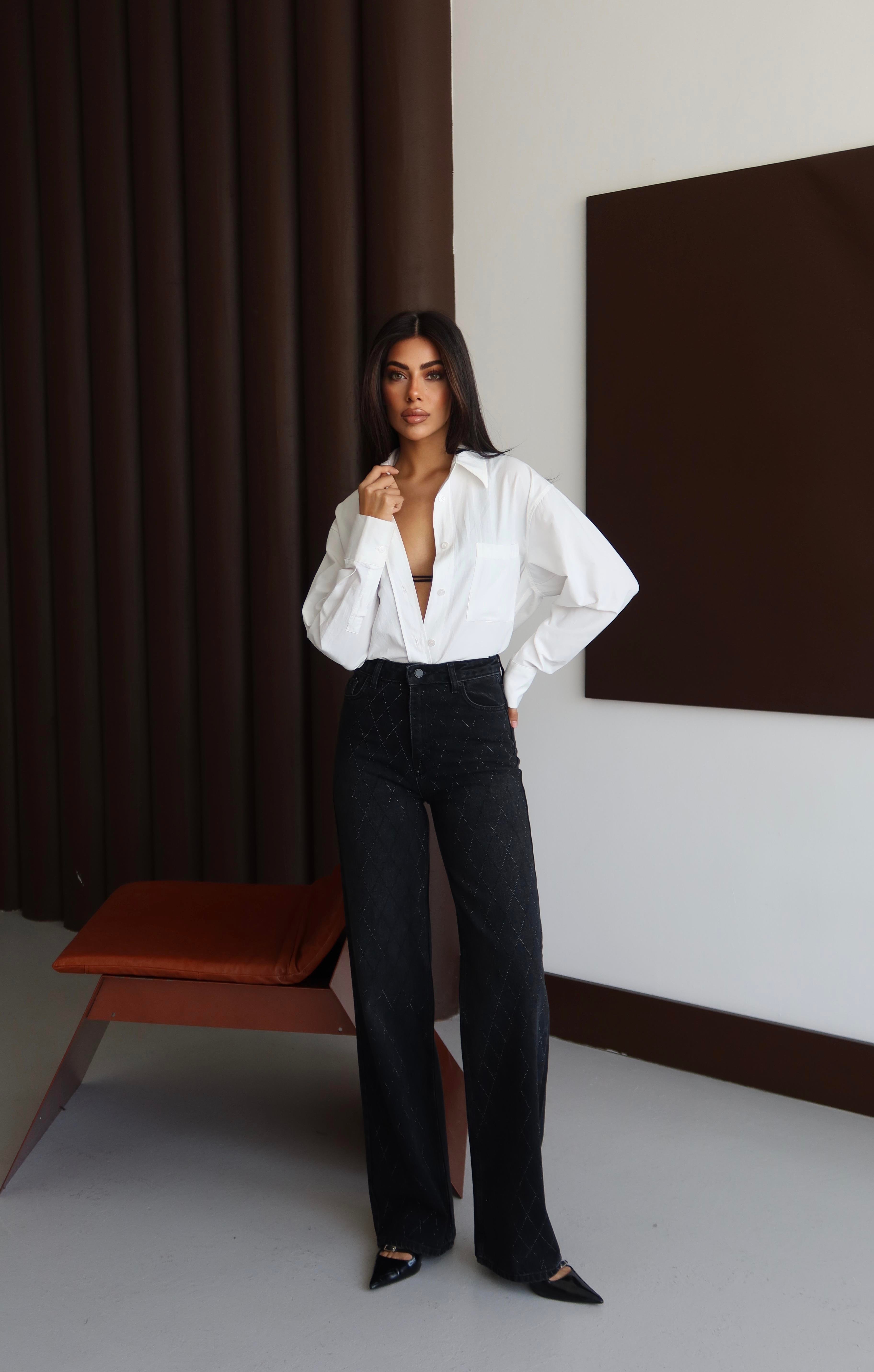 LACARINOYüksek Bel Rahat Kesim Baklava Desen Taş Detaylı Black Black Jean Pantolon