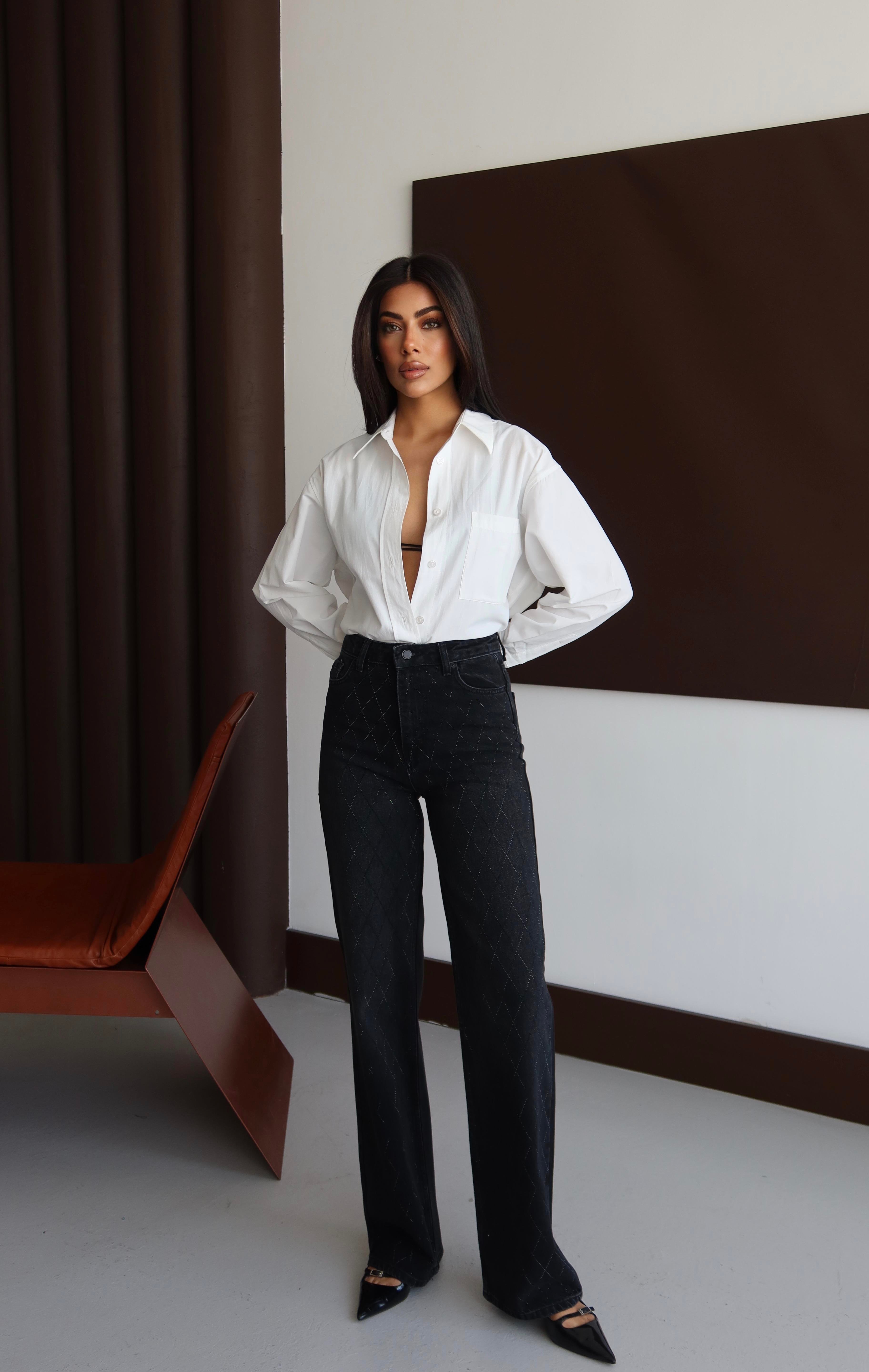 LACARINOYüksek Bel Rahat Kesim Baklava Desen Taş Detaylı Black Black Jean Pantolon