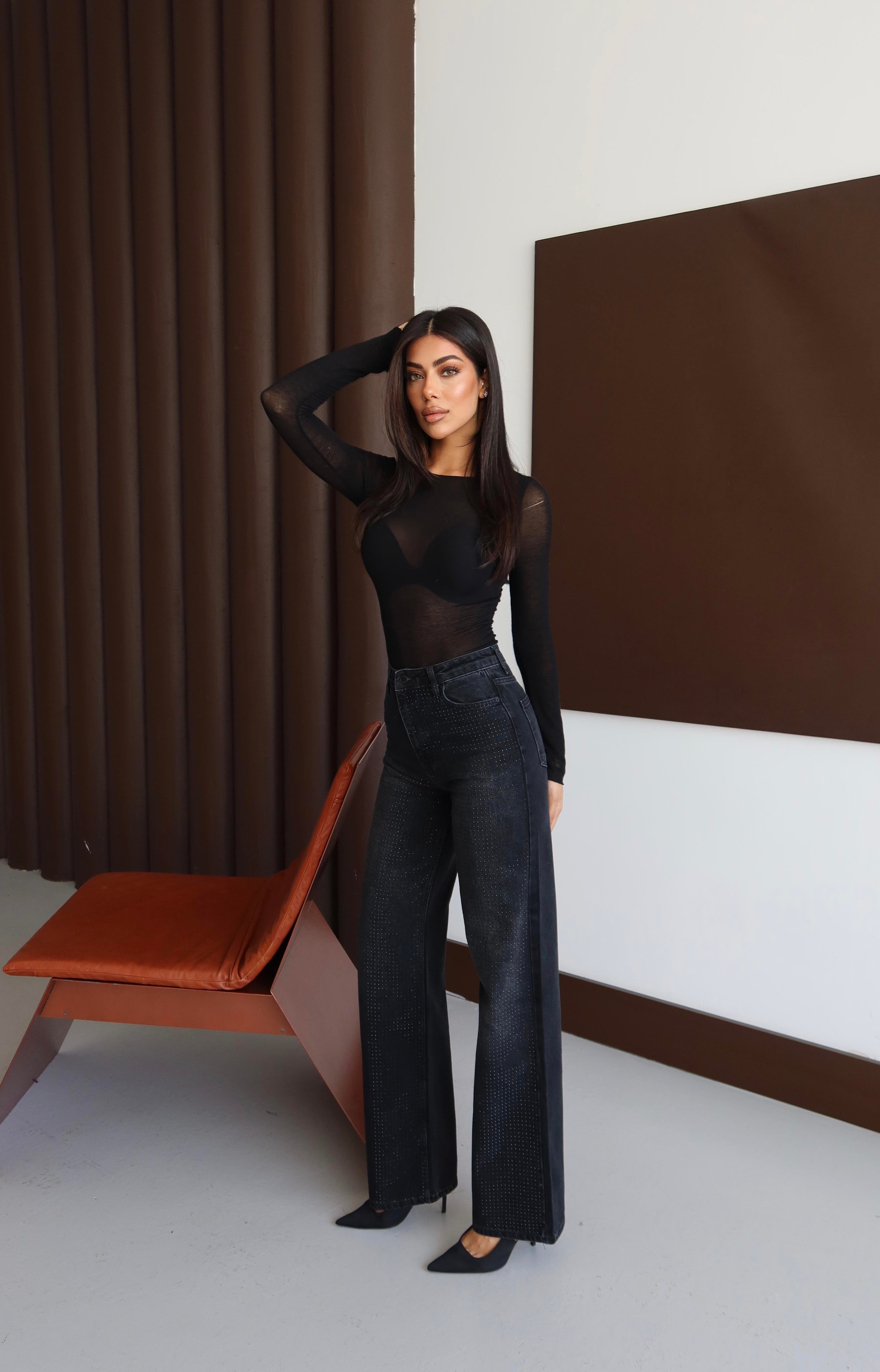 LACARINOYüksek Bel Wıde Leg Kalıp Boydan Taşlı Black Jean Pantolon