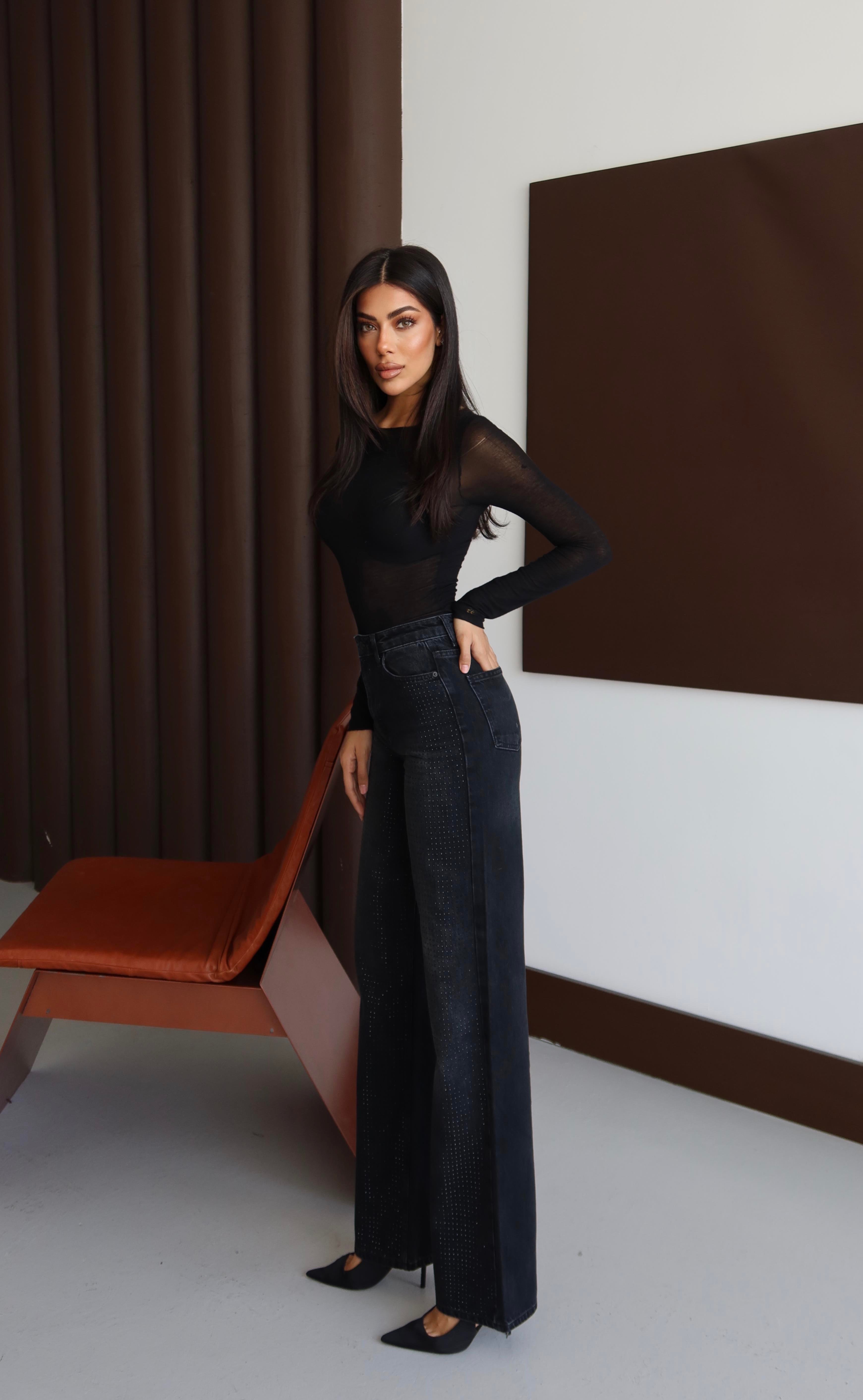 LACARINOYüksek Bel Wıde Leg Kalıp Boydan Taşlı Black Jean Pantolon