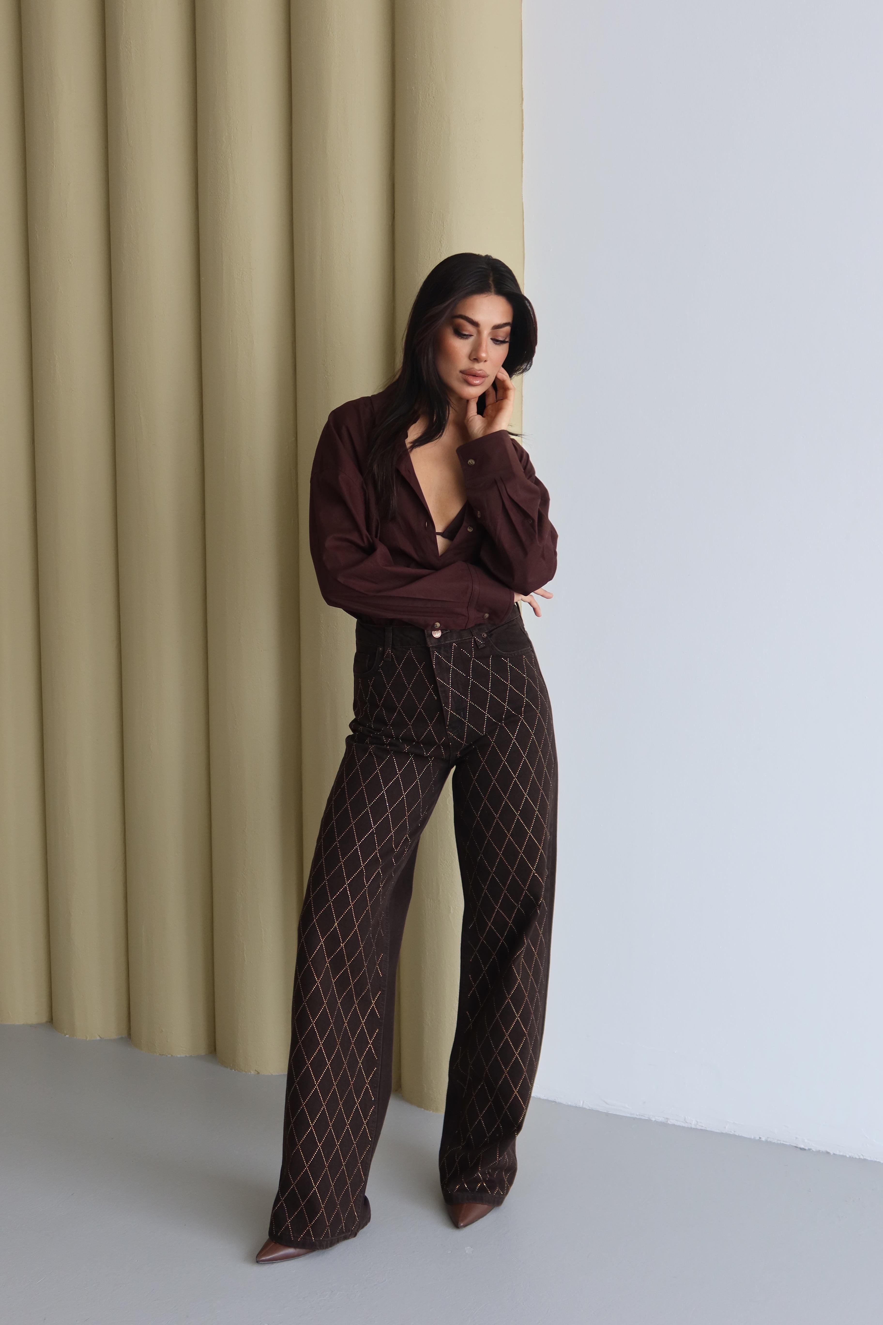 LACARINOYüksek Bel Rahat Kesim Baklava Desen Taş Detaylı Kahve Jean Pantolon