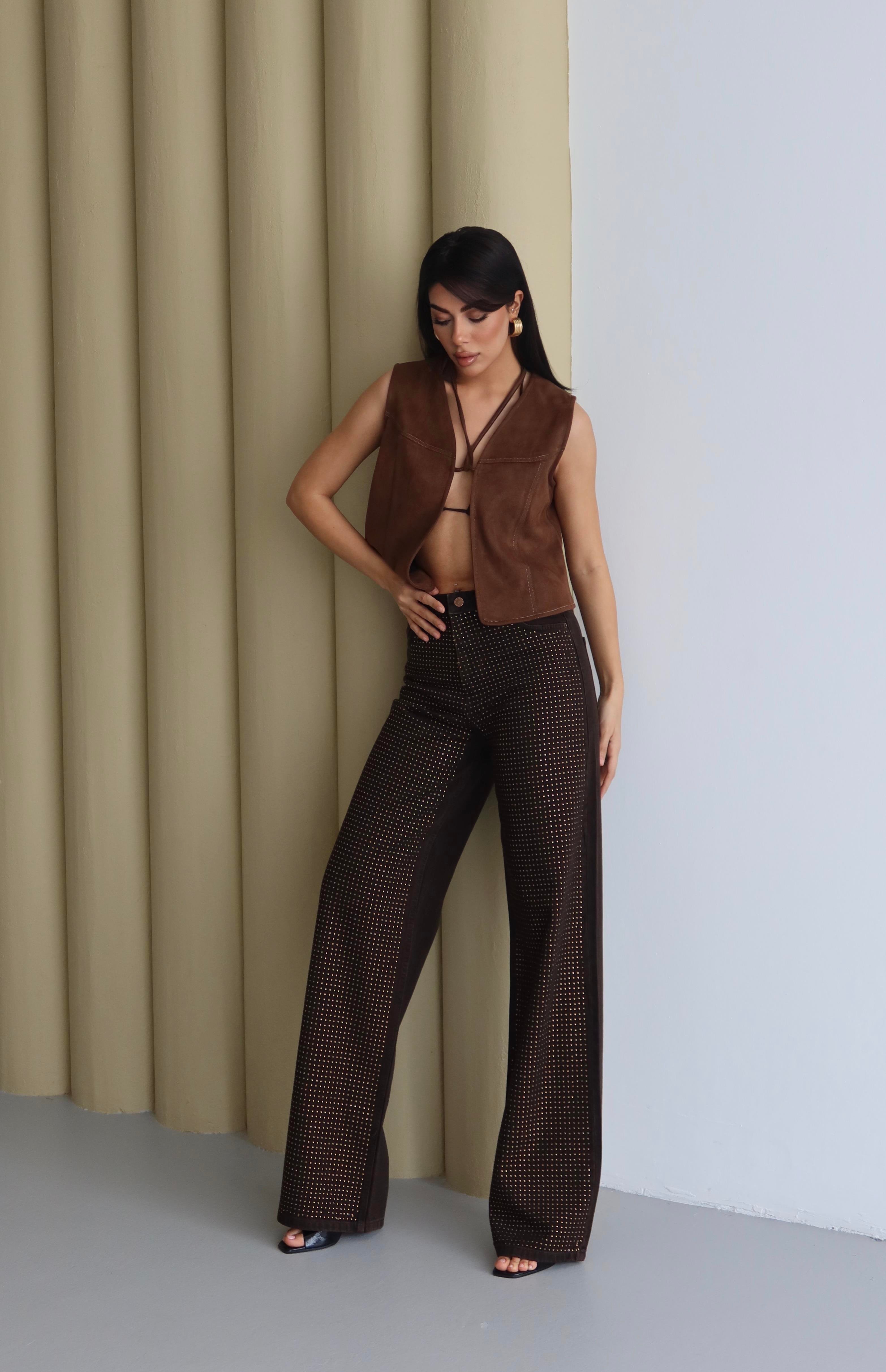 LACARINOYüksek Bel Ön Tarafı Boydan Taş Detaylı Kahve Jean Pantolon