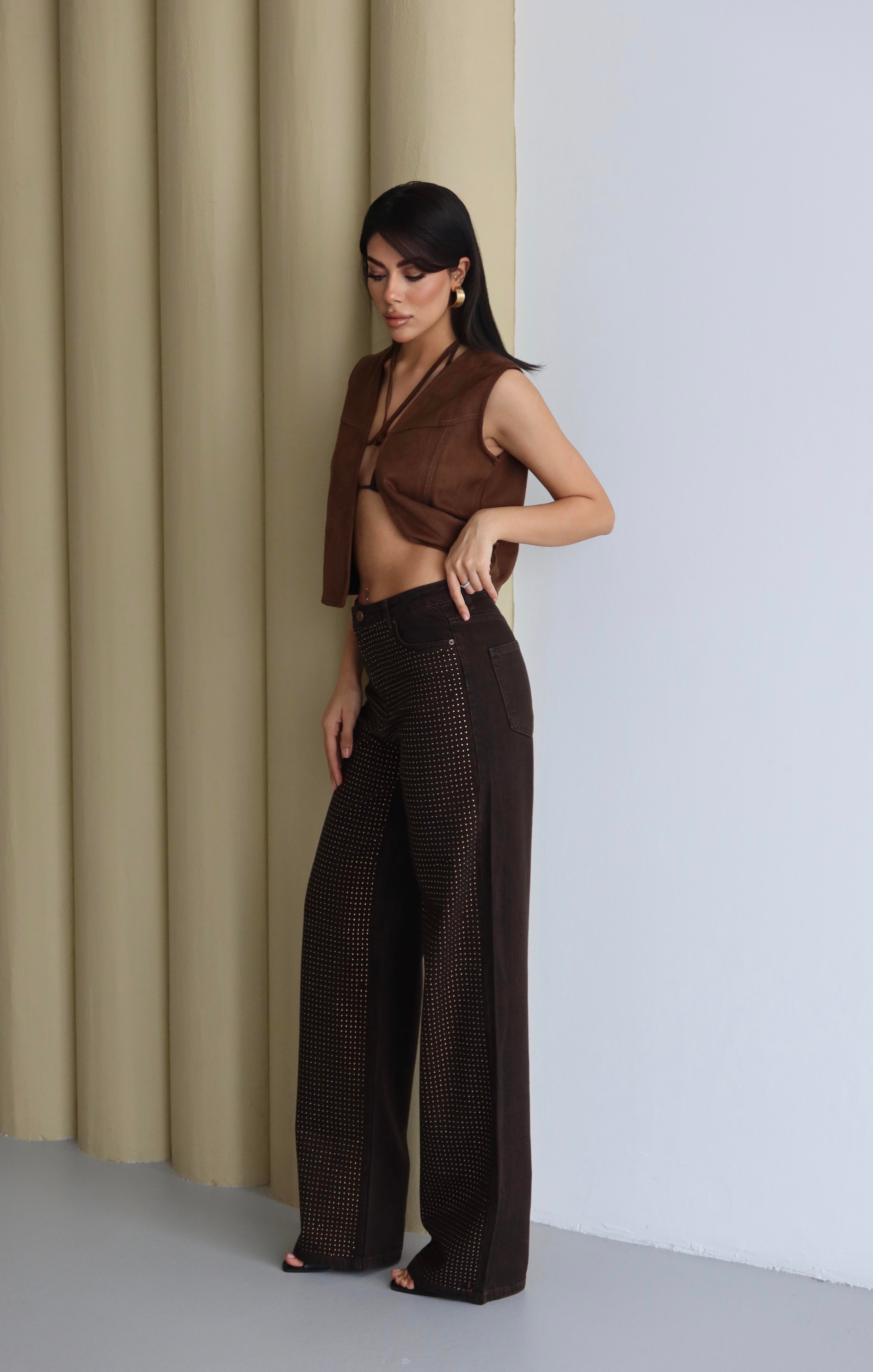 LACARINOYüksek Bel Ön Tarafı Boydan Taş Detaylı Kahve Jean Pantolon