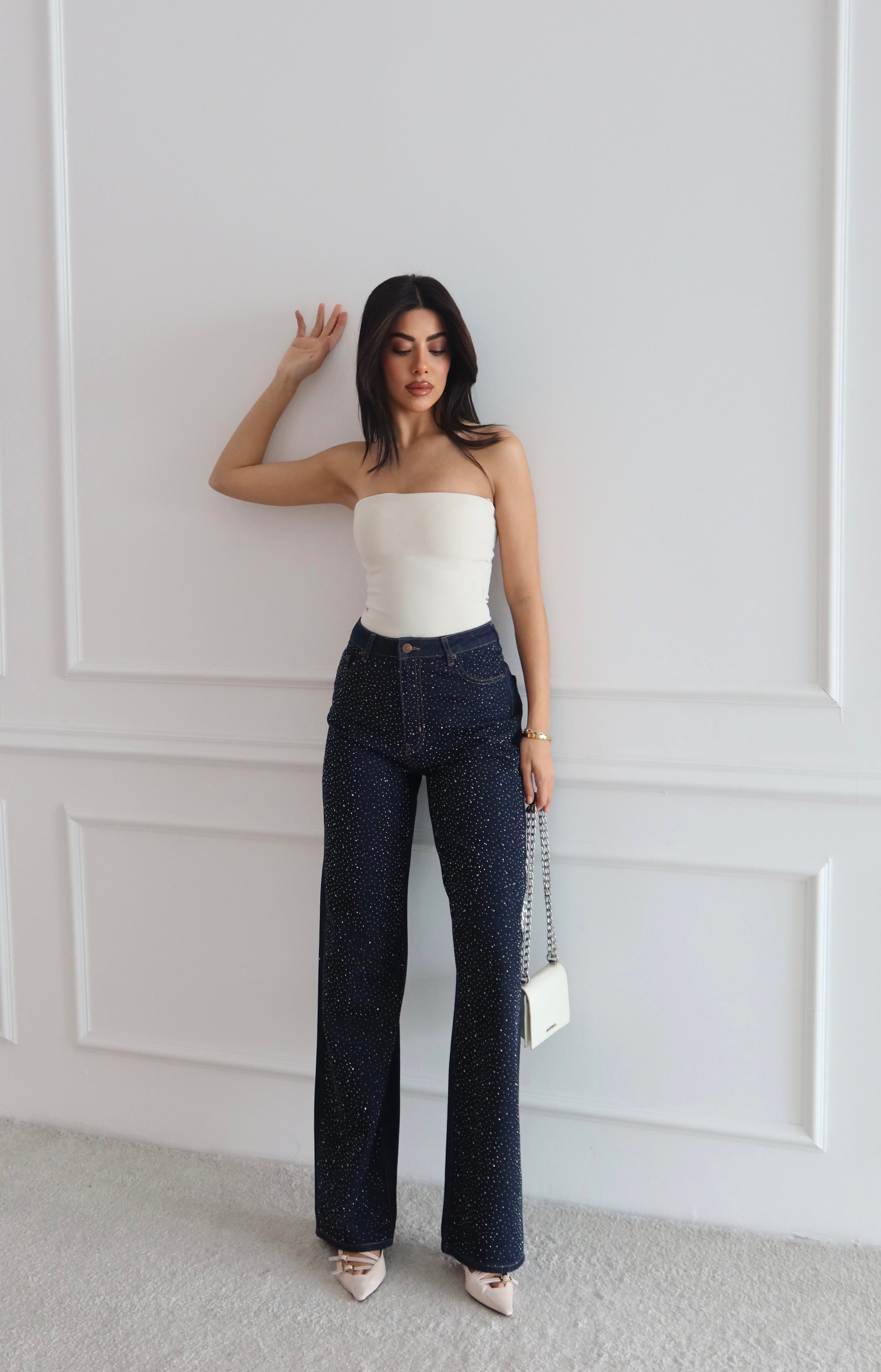 LACARINOYüksek Bel Ön Tarafı Boydan Minik Taşlı Rinse Jean Pantolon