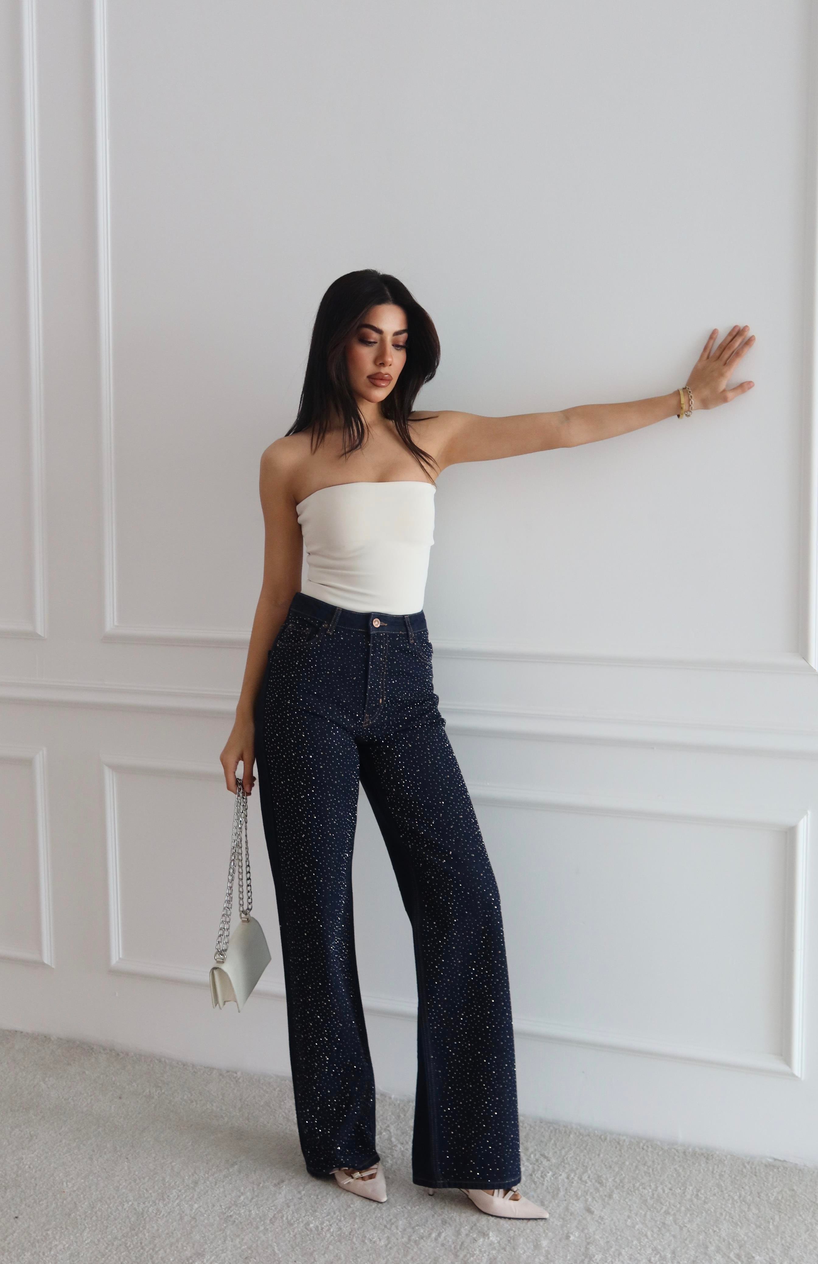 LACARINOYüksek Bel Ön Tarafı Boydan Minik Taşlı Rinse Jean Pantolon