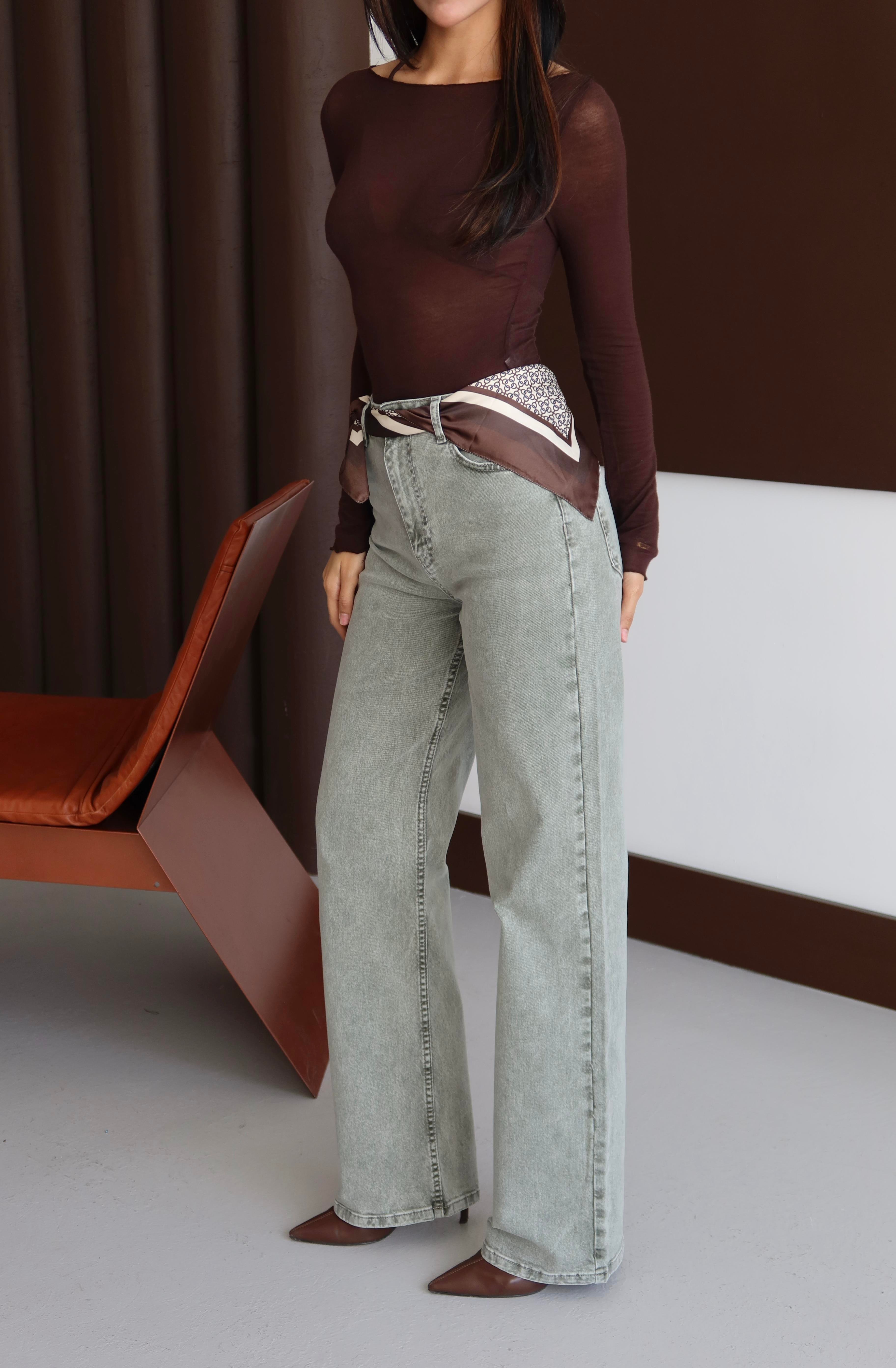 LACARINOKadın Yüksek Bel Bol Kesim Haki Jean Pantolon