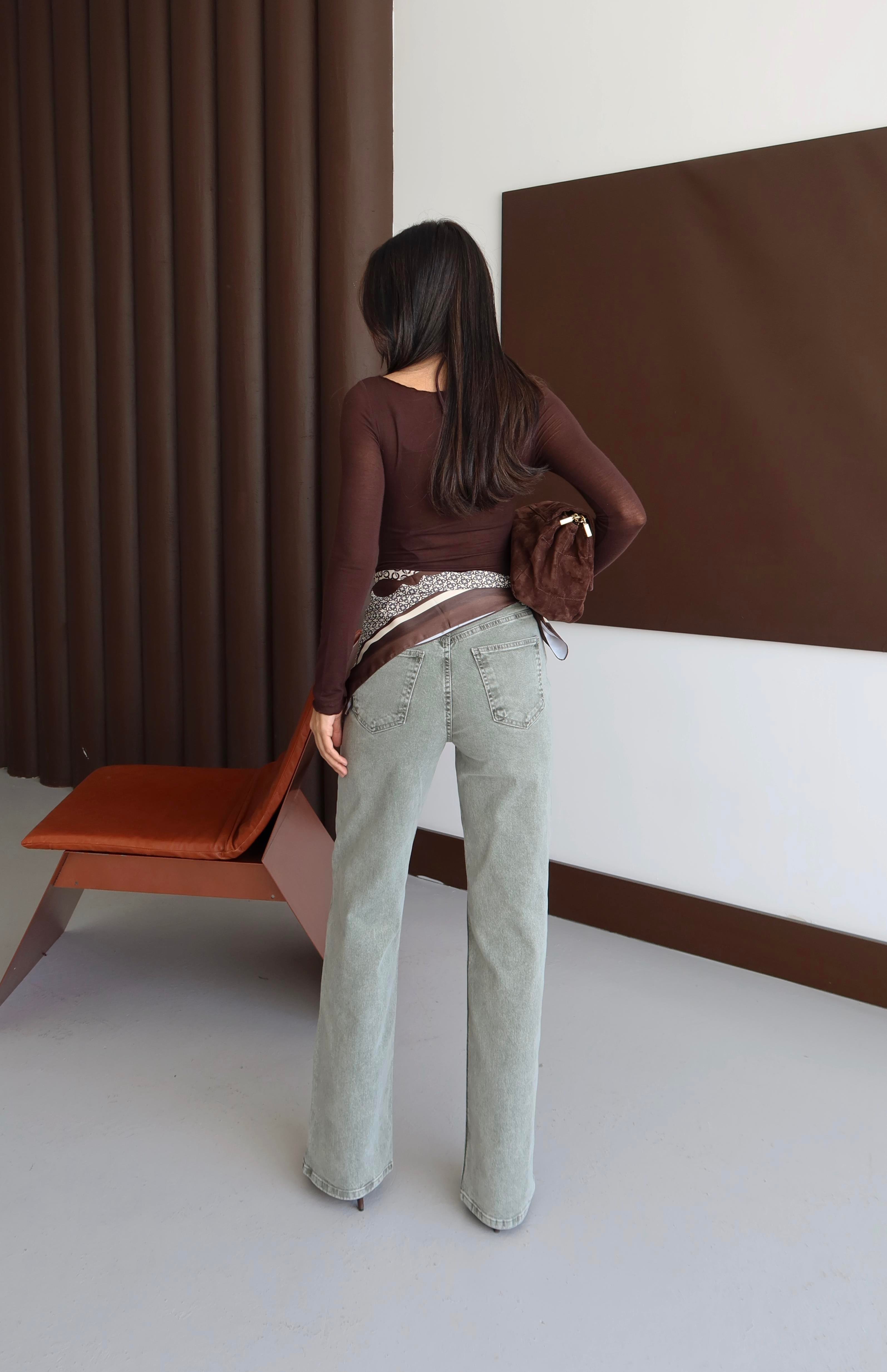 LACARINOKadın Yüksek Bel Bol Kesim Haki Jean Pantolon