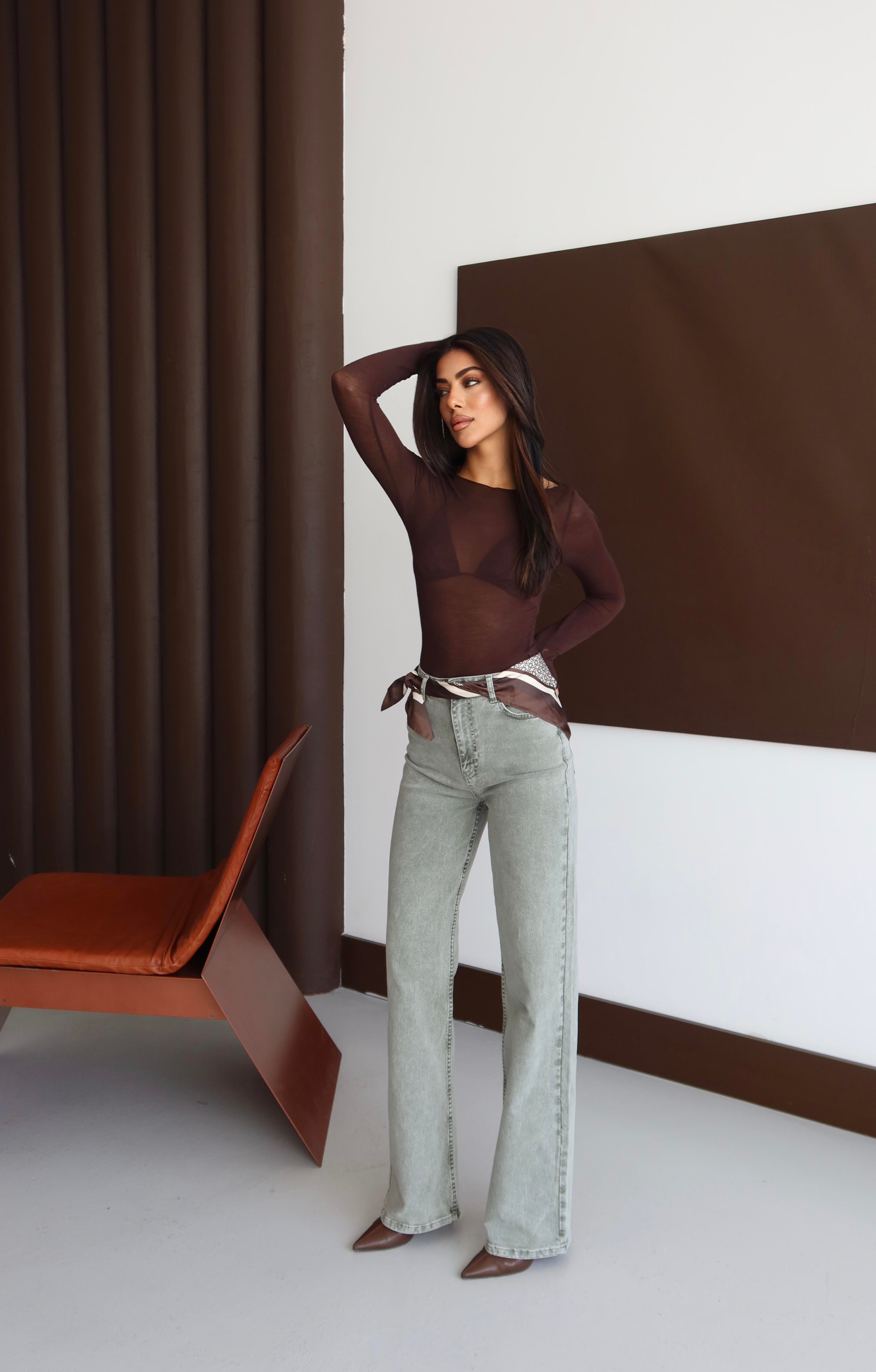 LACARINOKadın Yüksek Bel Bol Kesim Haki Jean Pantolon