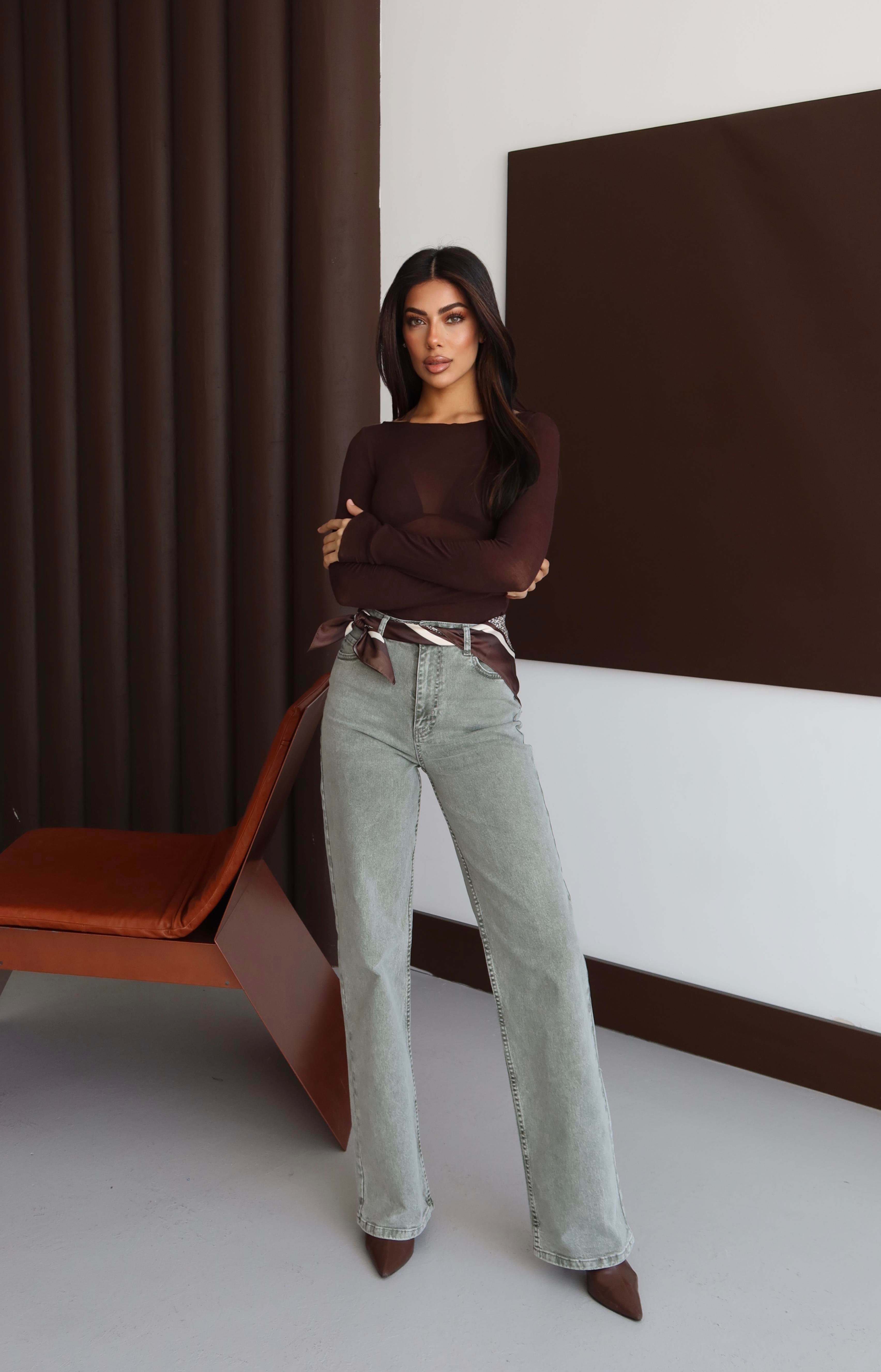 LACARINOKadın Yüksek Bel Bol Kesim Haki Jean Pantolon